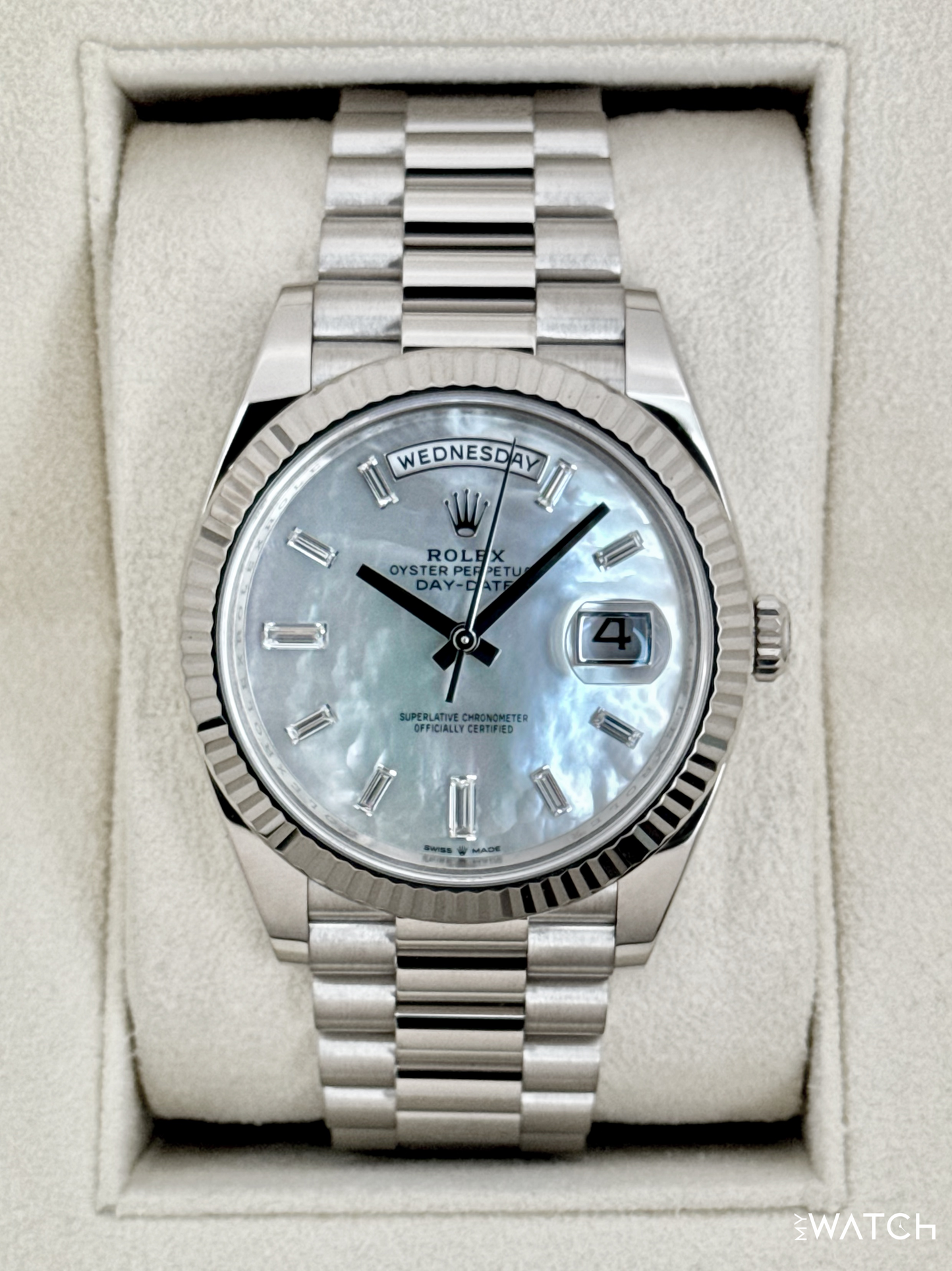 2024 Rolex Day-Date 40mm 228239 Presidential White Gold MOP Diamond Dial - MyWatchLLC