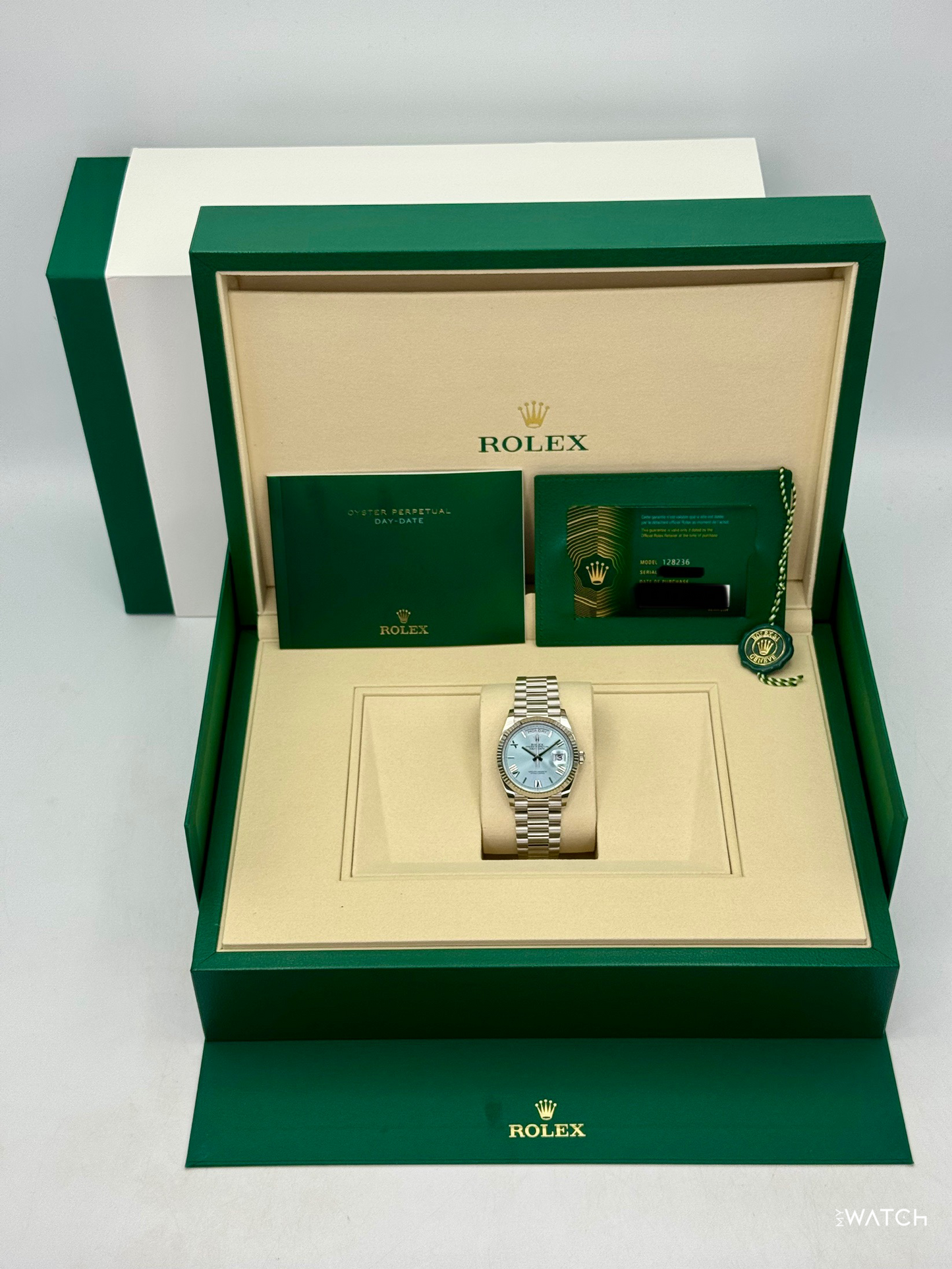NEW 2026 Rolex Day-Date Platinum 36mm 128236 Ice Blue Roman Dial - MyWatchLLC