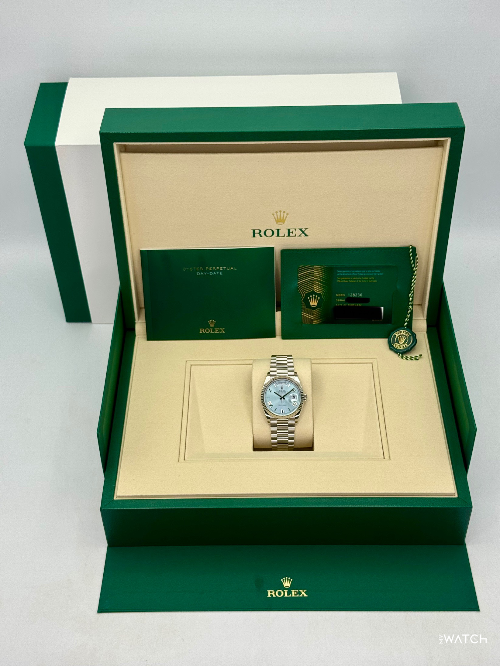 NEW 2026 Rolex Day-Date Platinum 36mm 128236 Ice Blue Roman Dial - MyWatchLLC