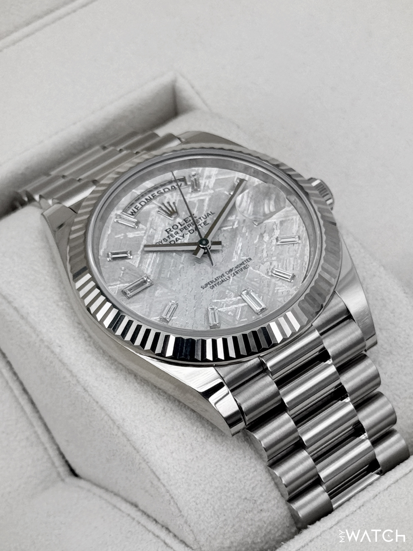 2025 Rolex Day-Date 40mm 228239 Presidential White Gold Meteorite Diamond Dial - MyWatchLLC