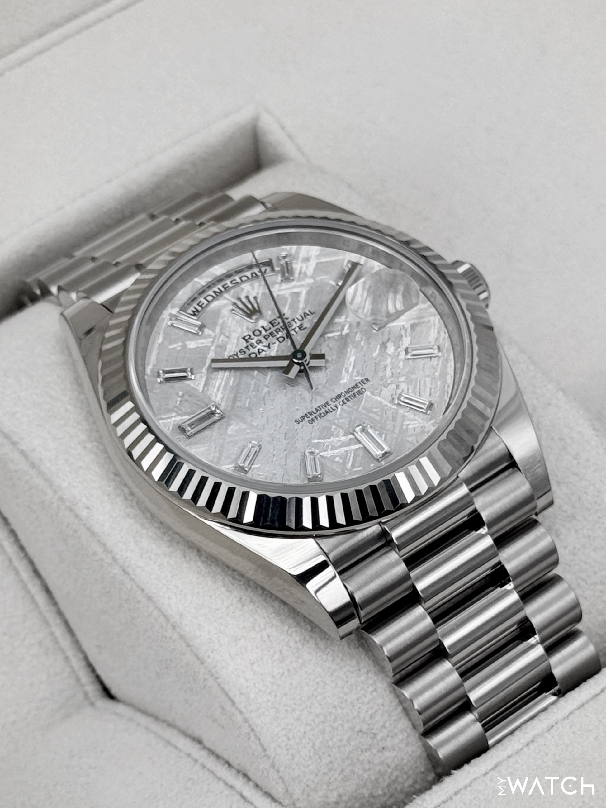 2025 Rolex Day-Date 40mm 228239 Presidential White Gold Meteorite Diamond Dial - MyWatchLLC