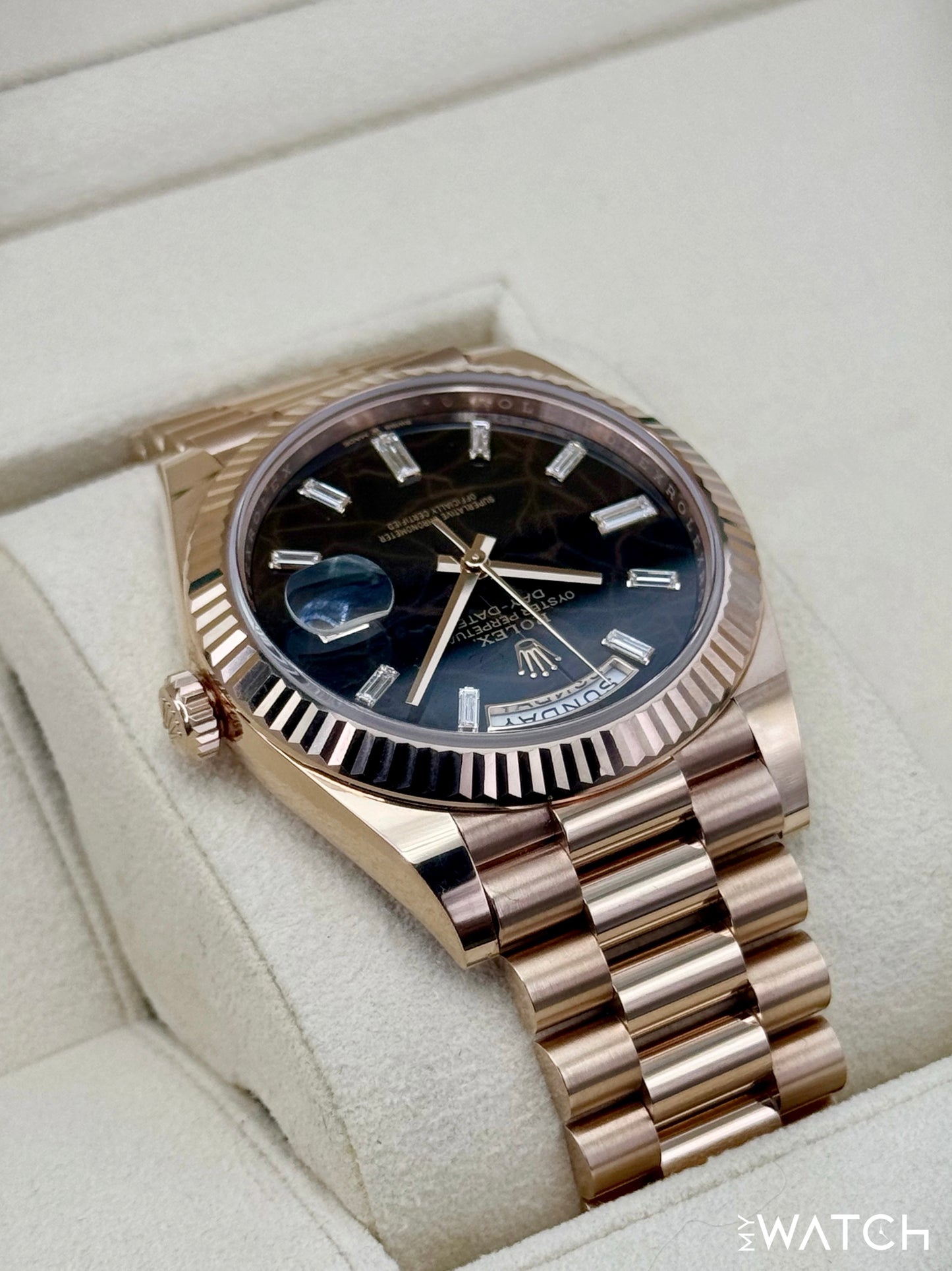 2023 Rolex Day-Date 40mm 228235 Rose Gold Eisenkiesal Baguette Dial