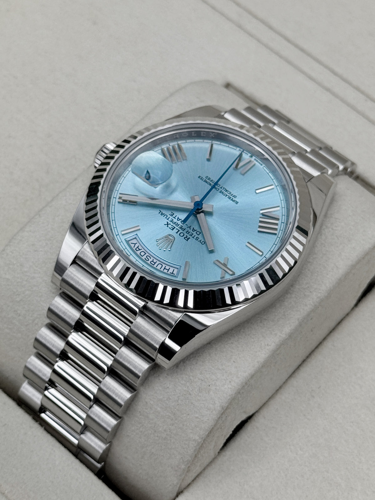 NEW 2026 Rolex Day-Date Platinum 40mm 228236 Ice Blue Roman Dial (NEW STYLE CARD)