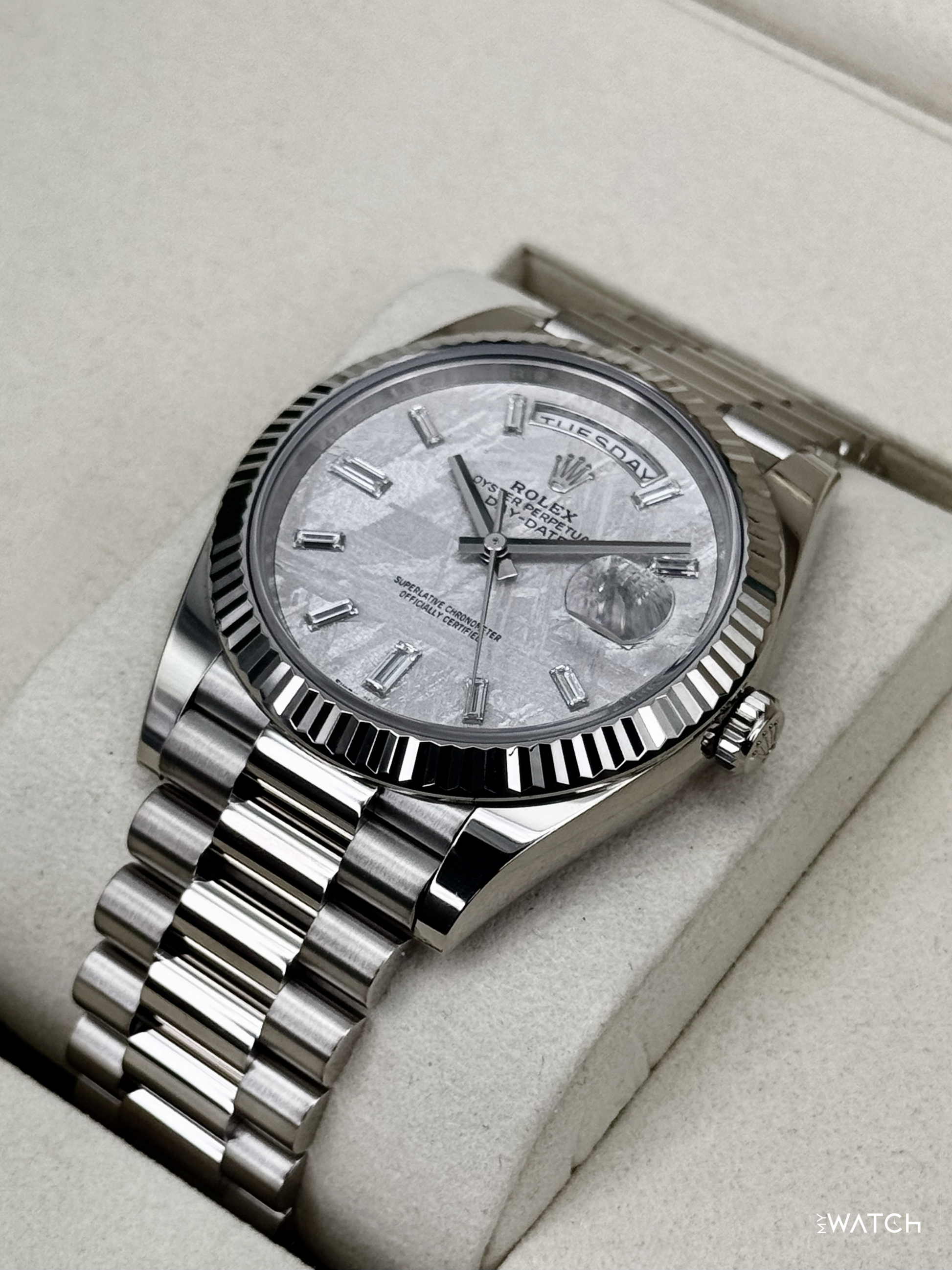 NEW 2026 Rolex Day-Date 40mm 228239 Presidential White Gold Meteorite Diamond Dial - MyWatchLLC
