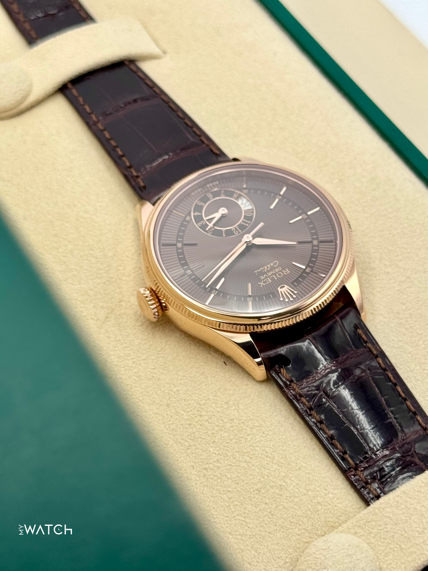 2020 Rolex Cellini Dual Time 39mm 50525 Rose Gold Brown Dial