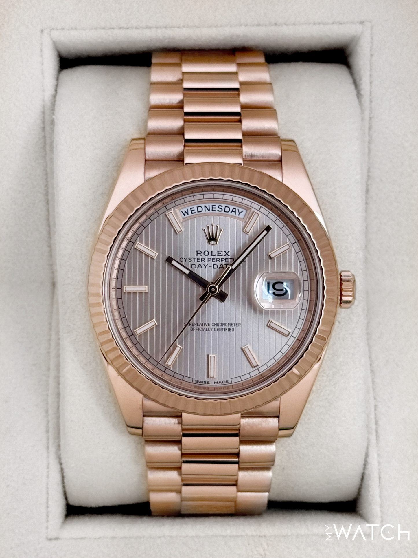2018 Rolex Day-Date 40mm 228235 Presidential Rose Gold Stripe Motif Dial