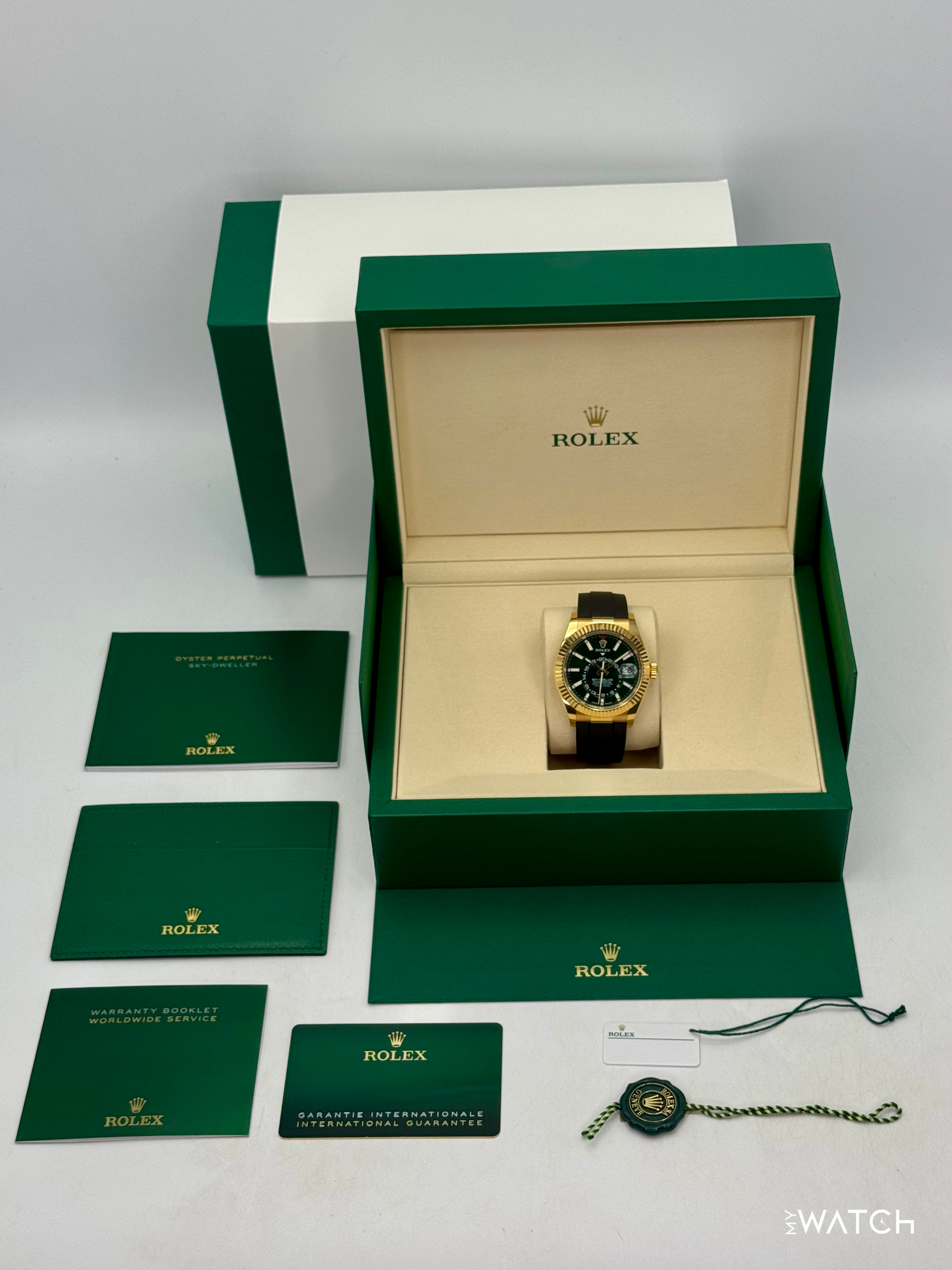 2025 Rolex Sky-Dweller 42mm 336238 Yellow Gold Oysterflex Green Dial - MyWatchLLC