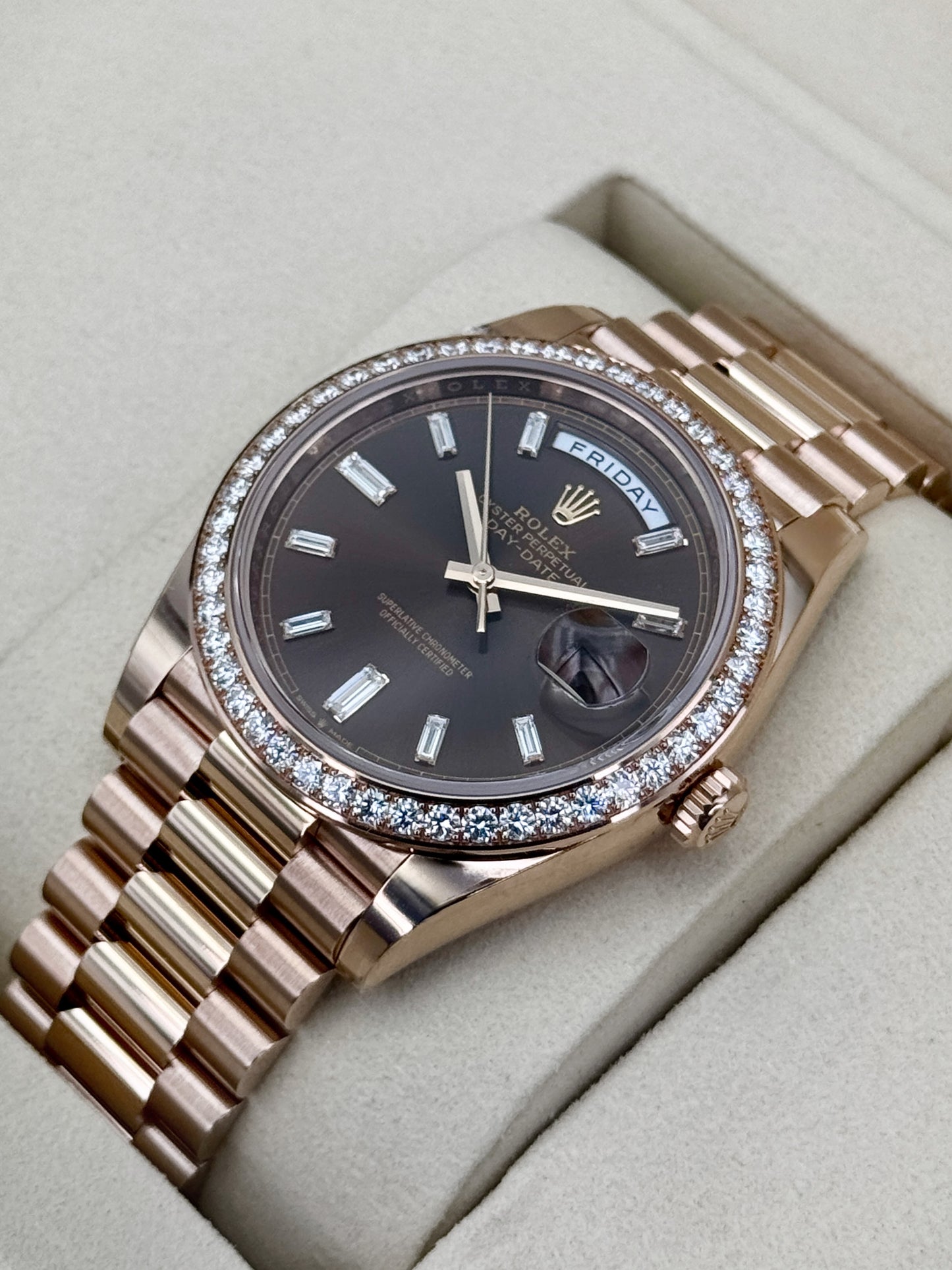 NEW 2026 Rolex Day-Date 40mm 228345RBR Rose Gold Chocolate Diamond Dial (NEW STYLE CARD and STICKERED)