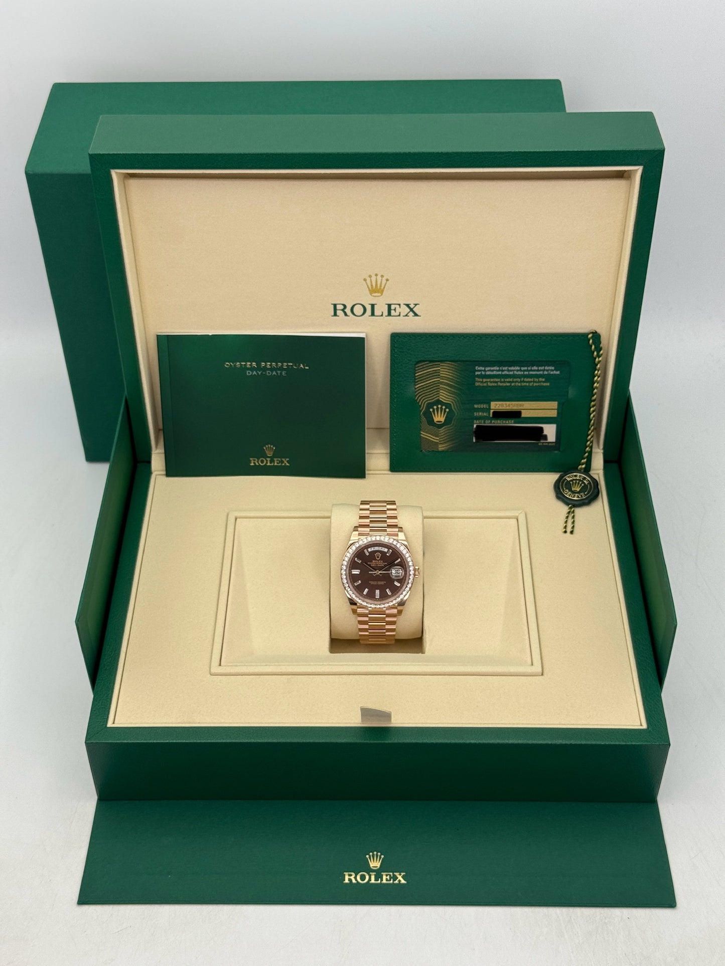 NEW 2026 Rolex Day-Date 40mm 228345RBR Rose Gold Chocolate Diamond Dial (NEW STYLE CARD and STICKERED)