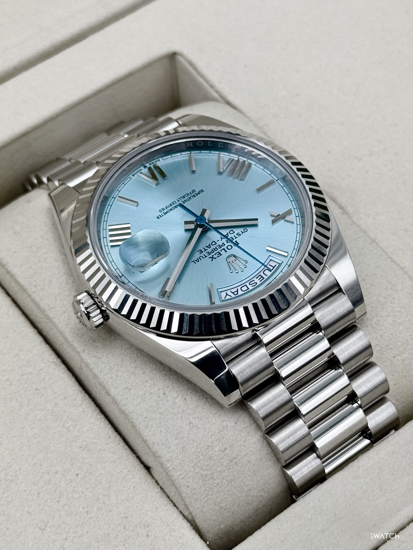 NEW 2026 Rolex Day-Date Platinum 40mm 228236 Ice Blue Roman Dial - MyWatchLLC