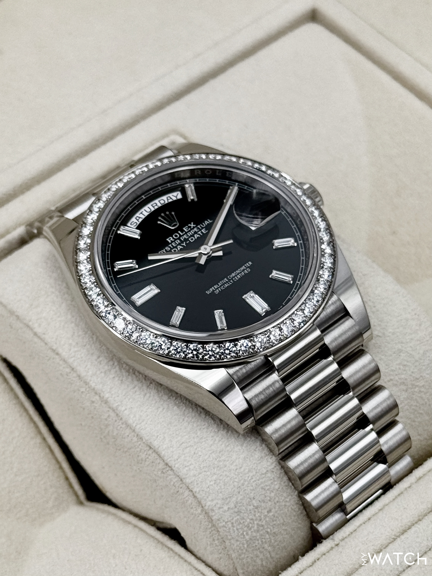 2023 Rolex Day-Date 40mm 228349RBR Presidential Black Diamond Baguette Dial - MyWatchLLC