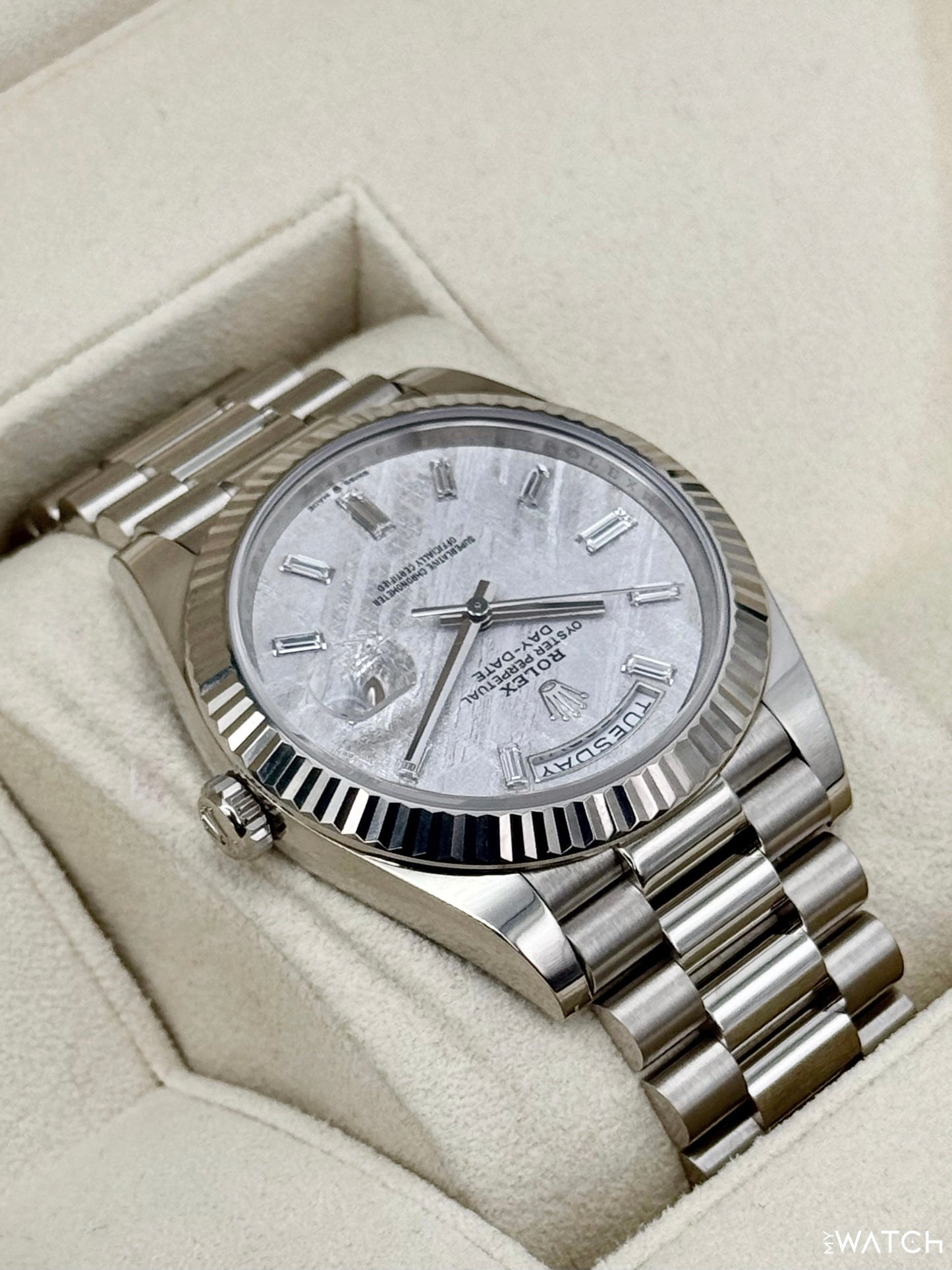 2025 Rolex Day-Date 40mm 228239 Presidential White Gold Meteorite Diamond Dial