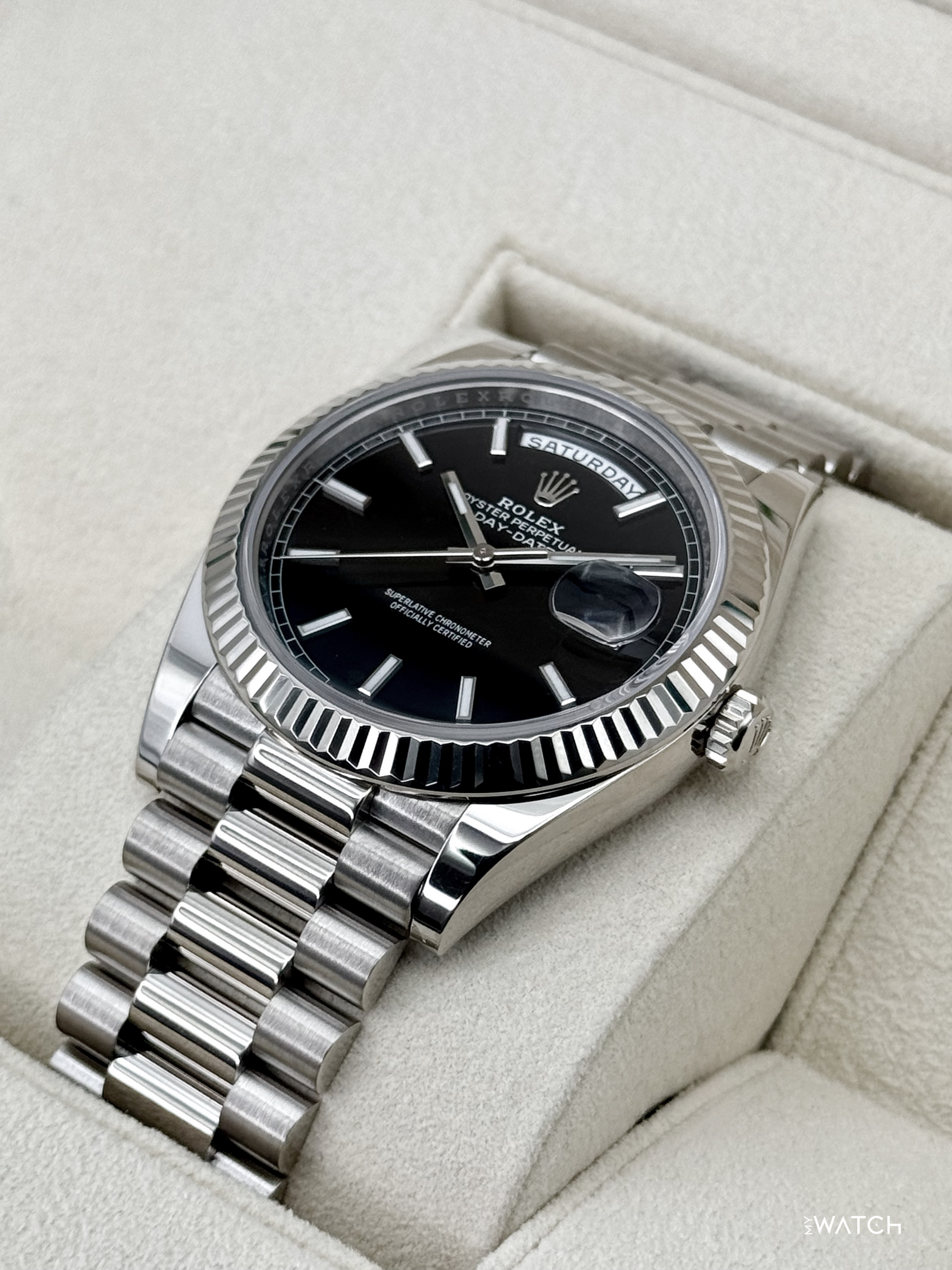 2025 Rolex Day-Date 40mm 228239 Presidential 18kt White Gold Black Dial - MyWatchLLC