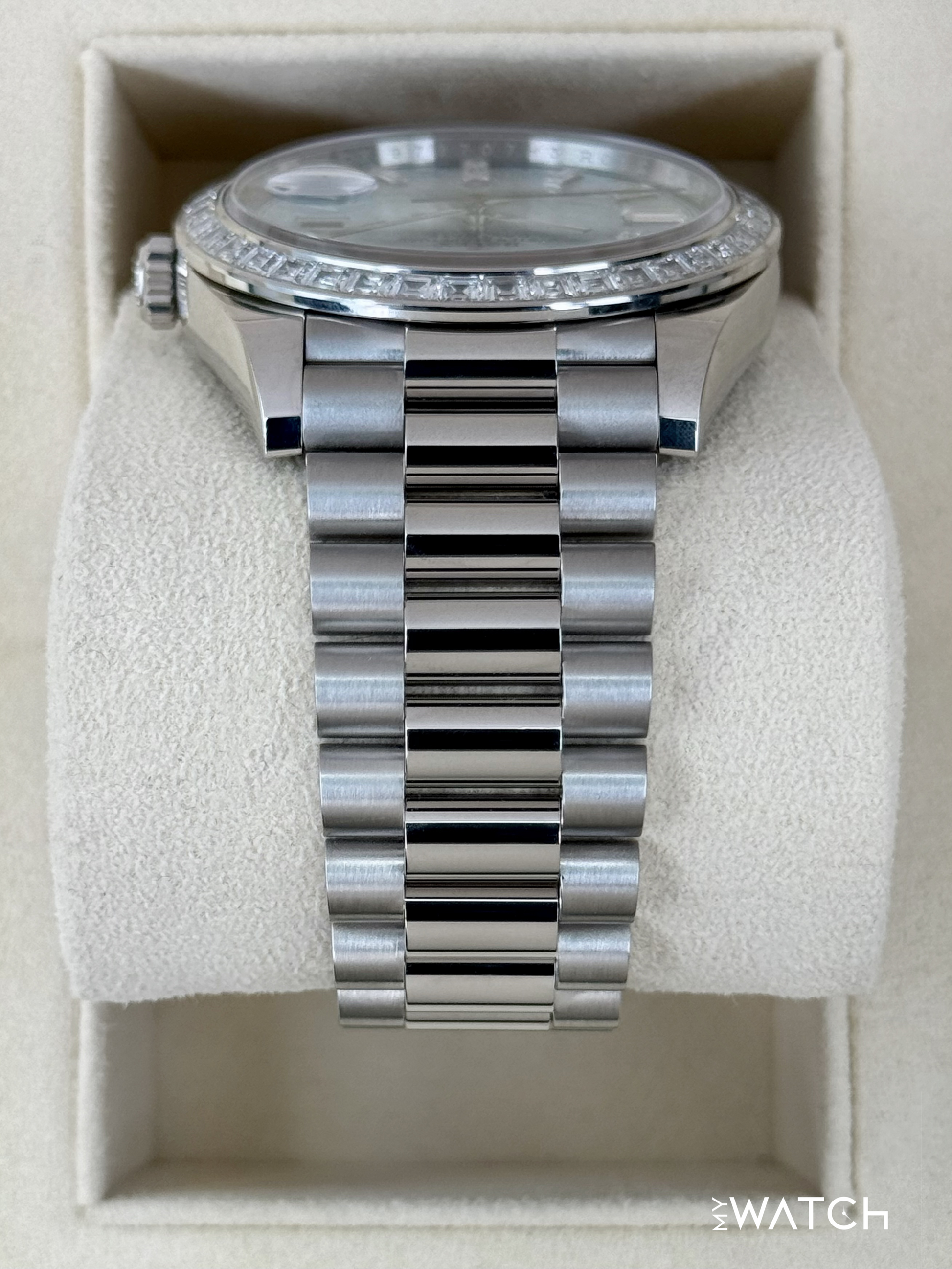 2023 Rolex Day-Date 40mm 228396TBR Ice Blue Diamond Baguette Dial - MyWatchLLC