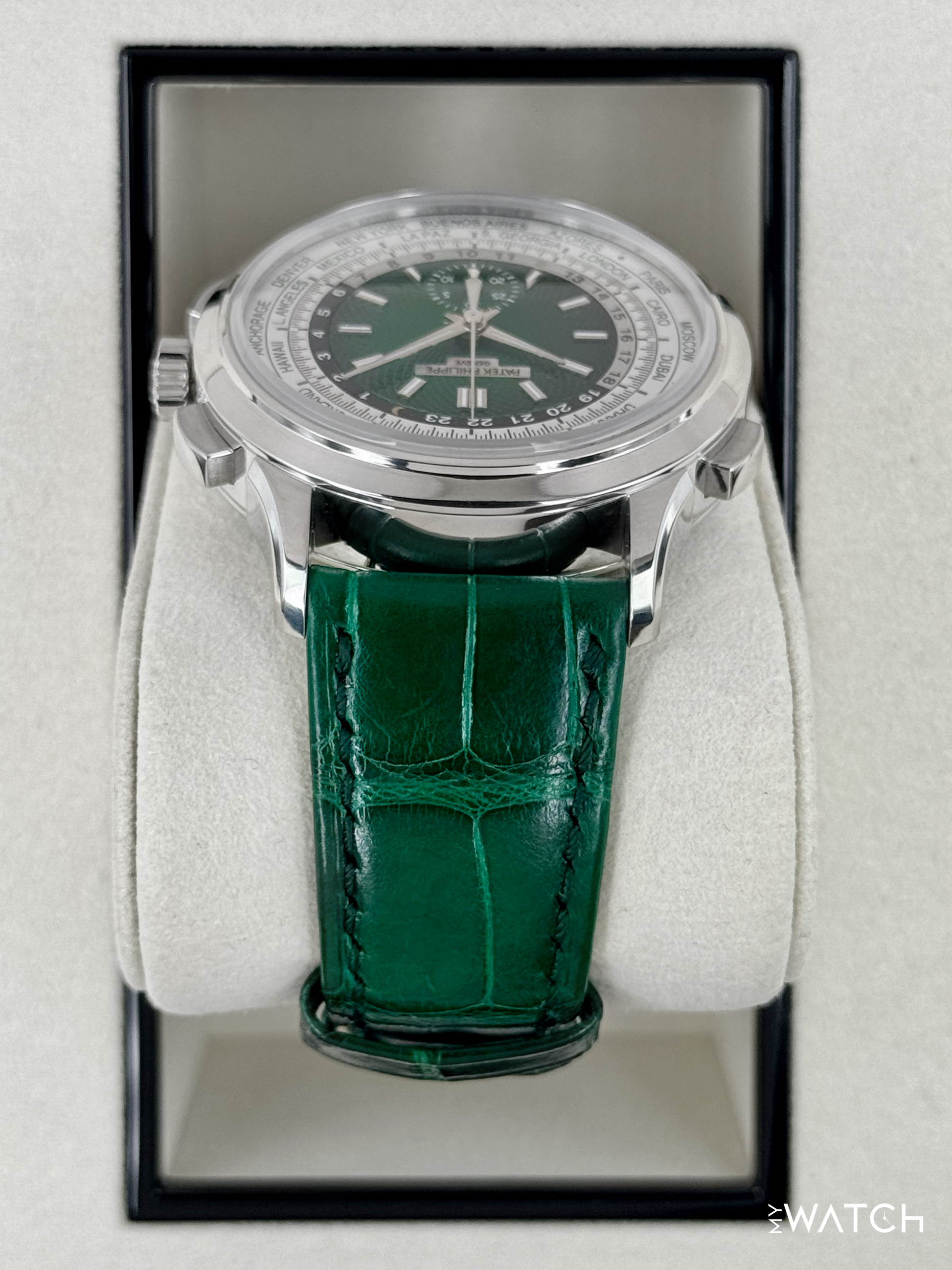 2025 Patek Philippe 5930P World Time Flyback Chronograph Platinum Green Dial - MyWatchLLC