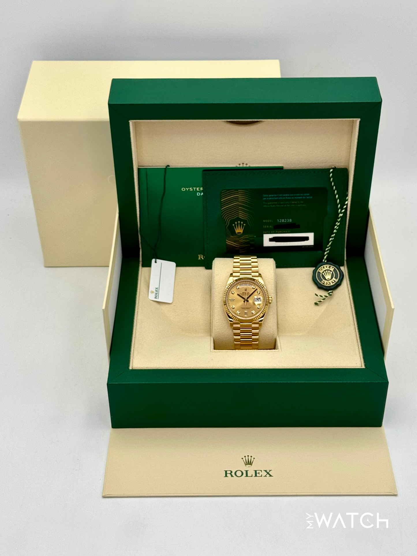 2024 Rolex Day-Date 36mm 128238 Presidential Champagne Diamond Dial