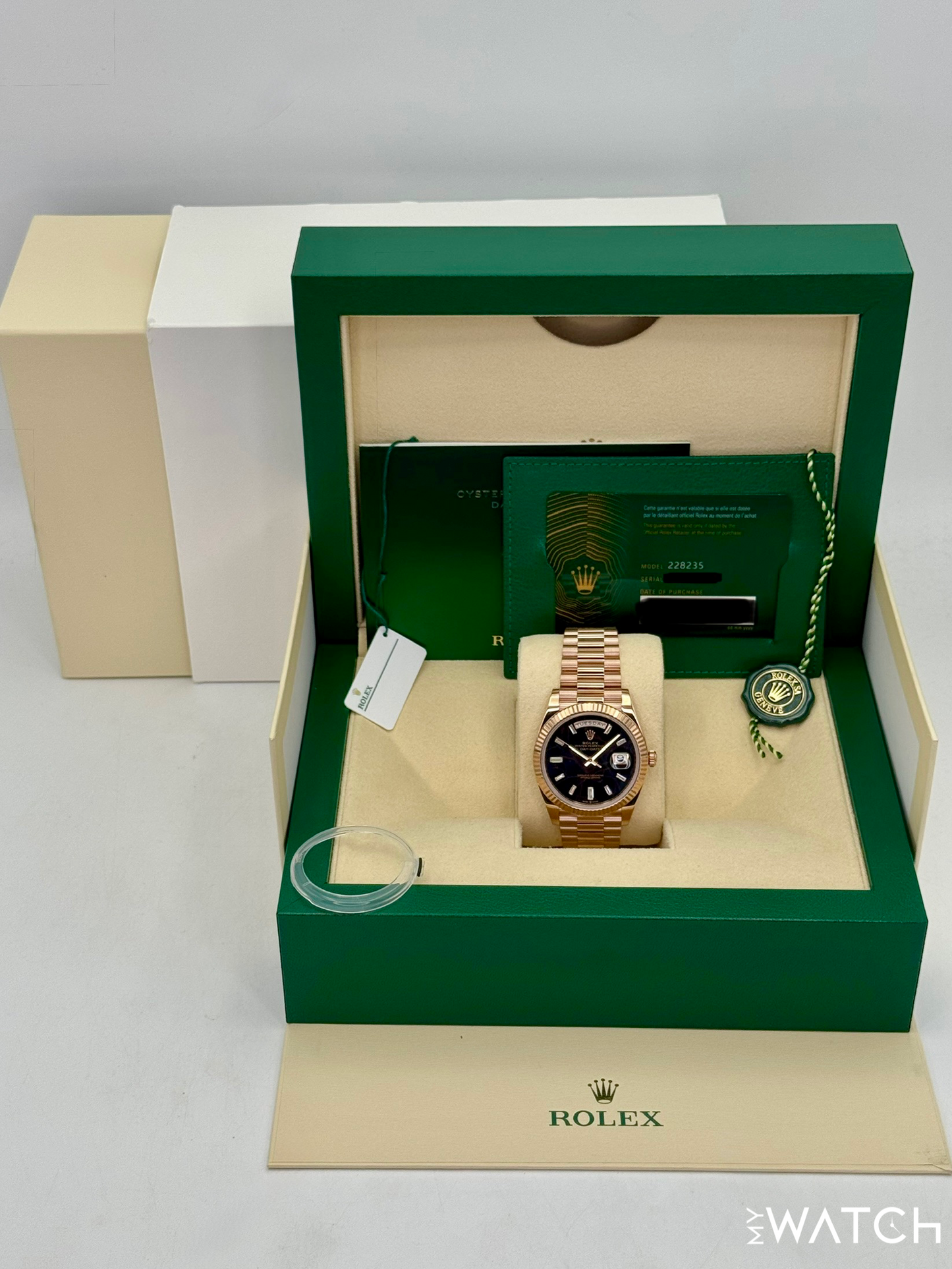 2022 Rolex Day-Date 40mm 228235 Rose Gold Eisenkiesal Baguette Dial