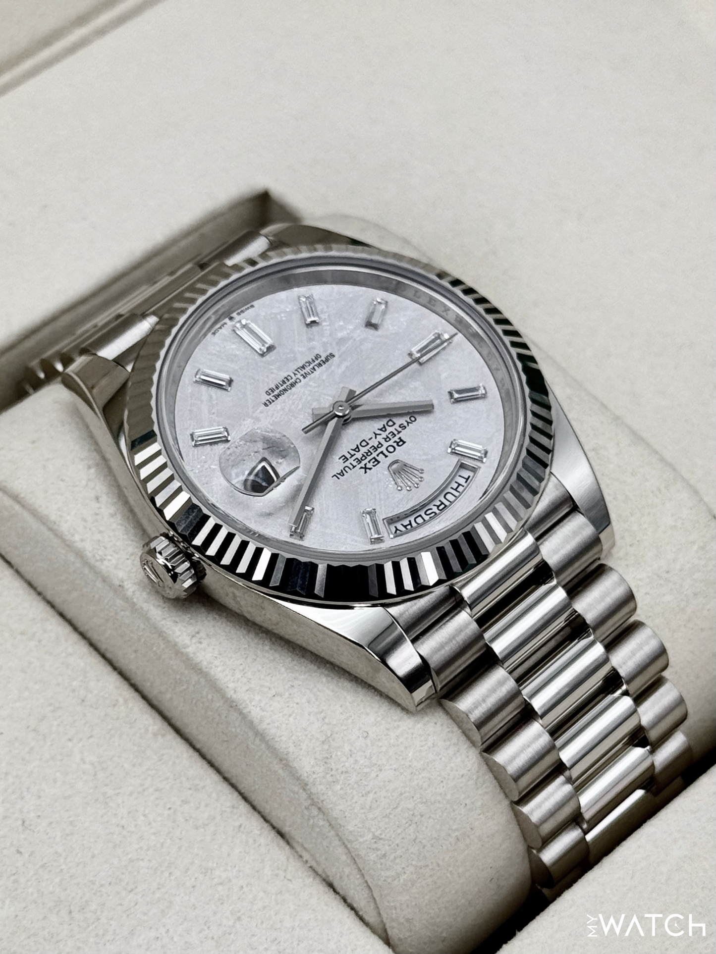 NEW 2026 Rolex Day-Date 40mm 228239 Presidential White Gold Meteorite Diamond Dial - MyWatchLLC