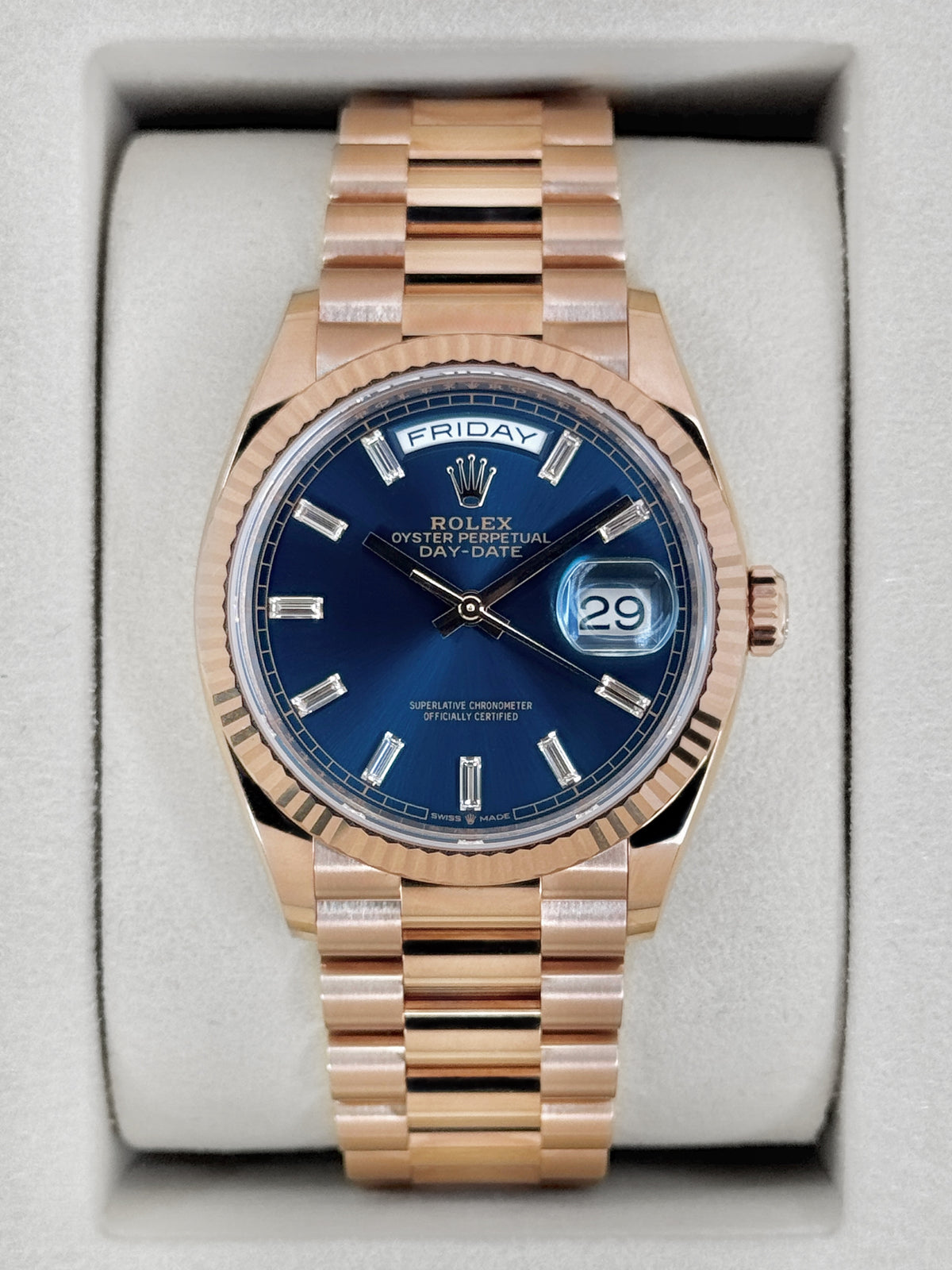 NEW 2026 Rolex Day-Date 36mm 128235 Presidential Rose Gold Blue Baguette Dial