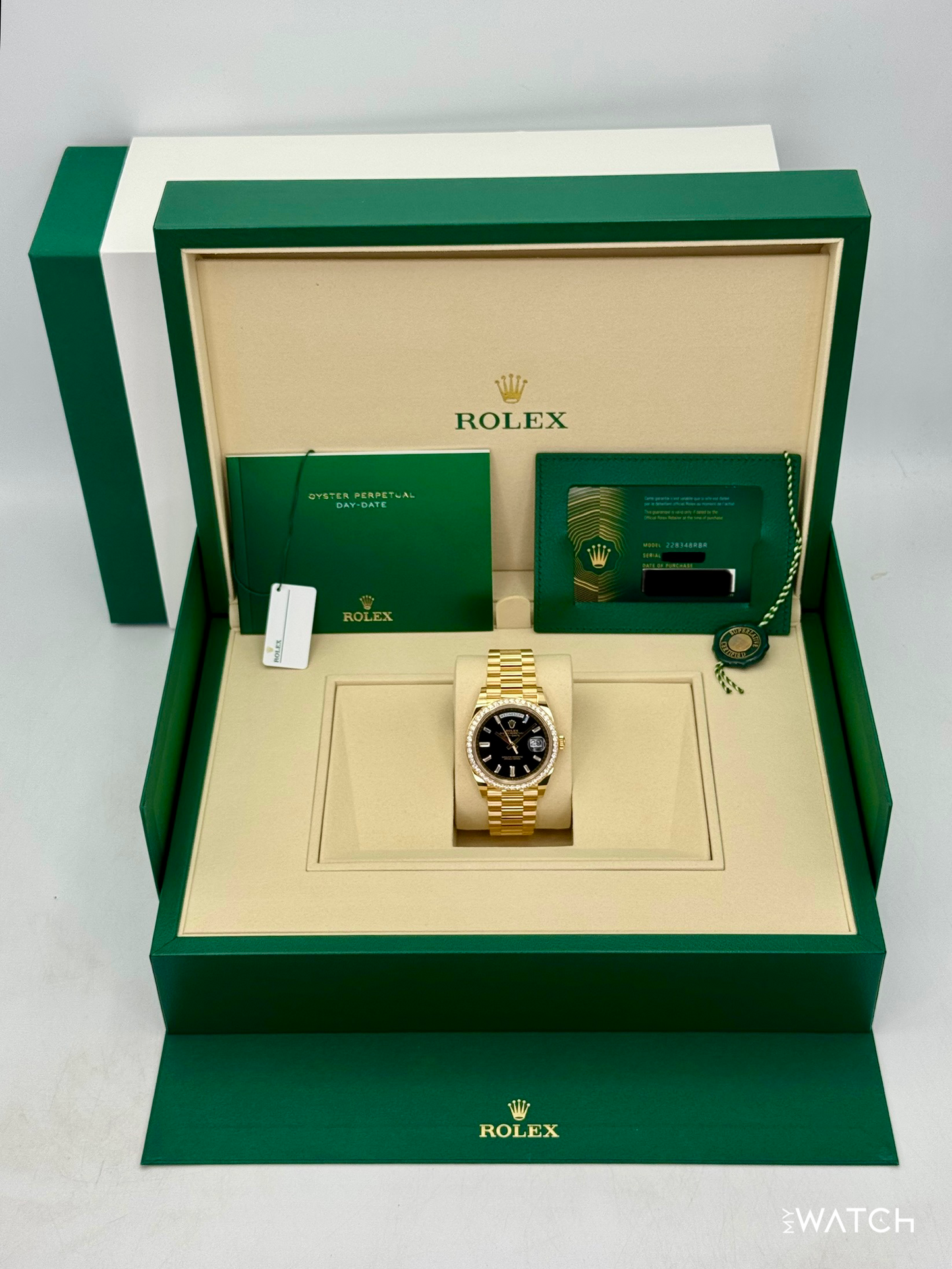 NEW 2026 Rolex Day-Date 40mm 228348RBR Black Diamond Baguette Dial - MyWatchLLC