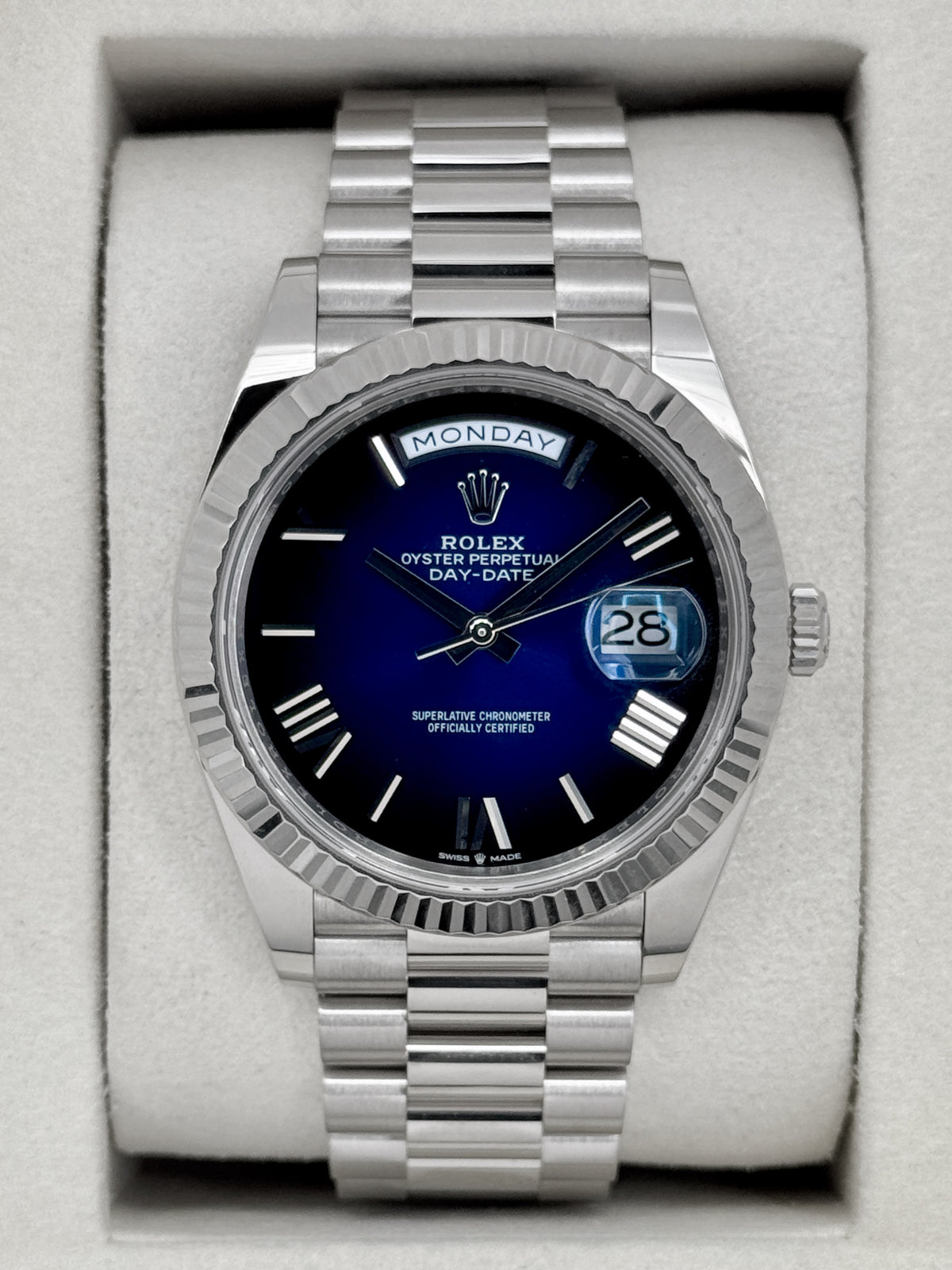 NEW 2026 Rolex Day-Date 40mm 228239 Presidential White Gold Blue Ombre Dial