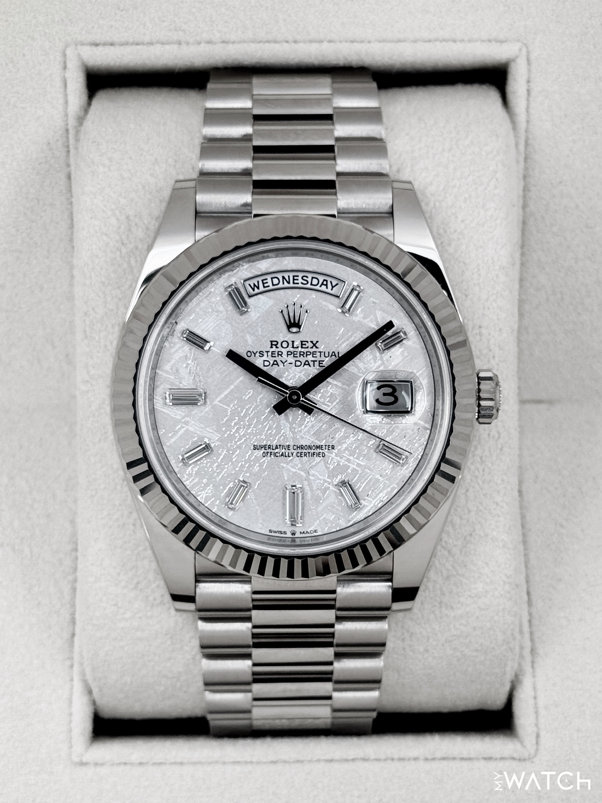 2025 Rolex Day-Date 40mm 228239 Presidential White Gold Meteorite Diamond Dial - MyWatchLLC