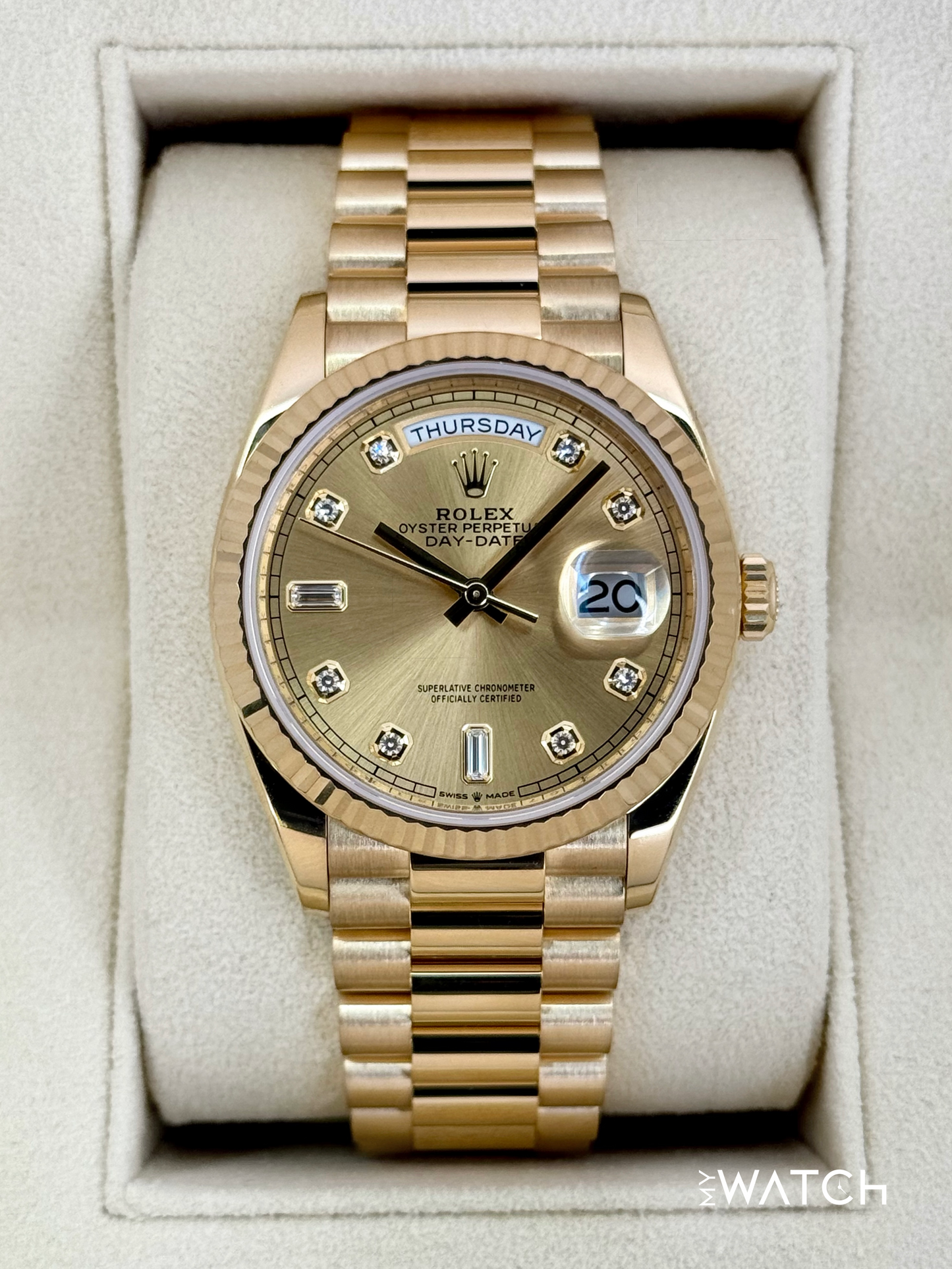 2024 Rolex Day-Date 36mm 128238 Presidential Champagne Diamond Dial