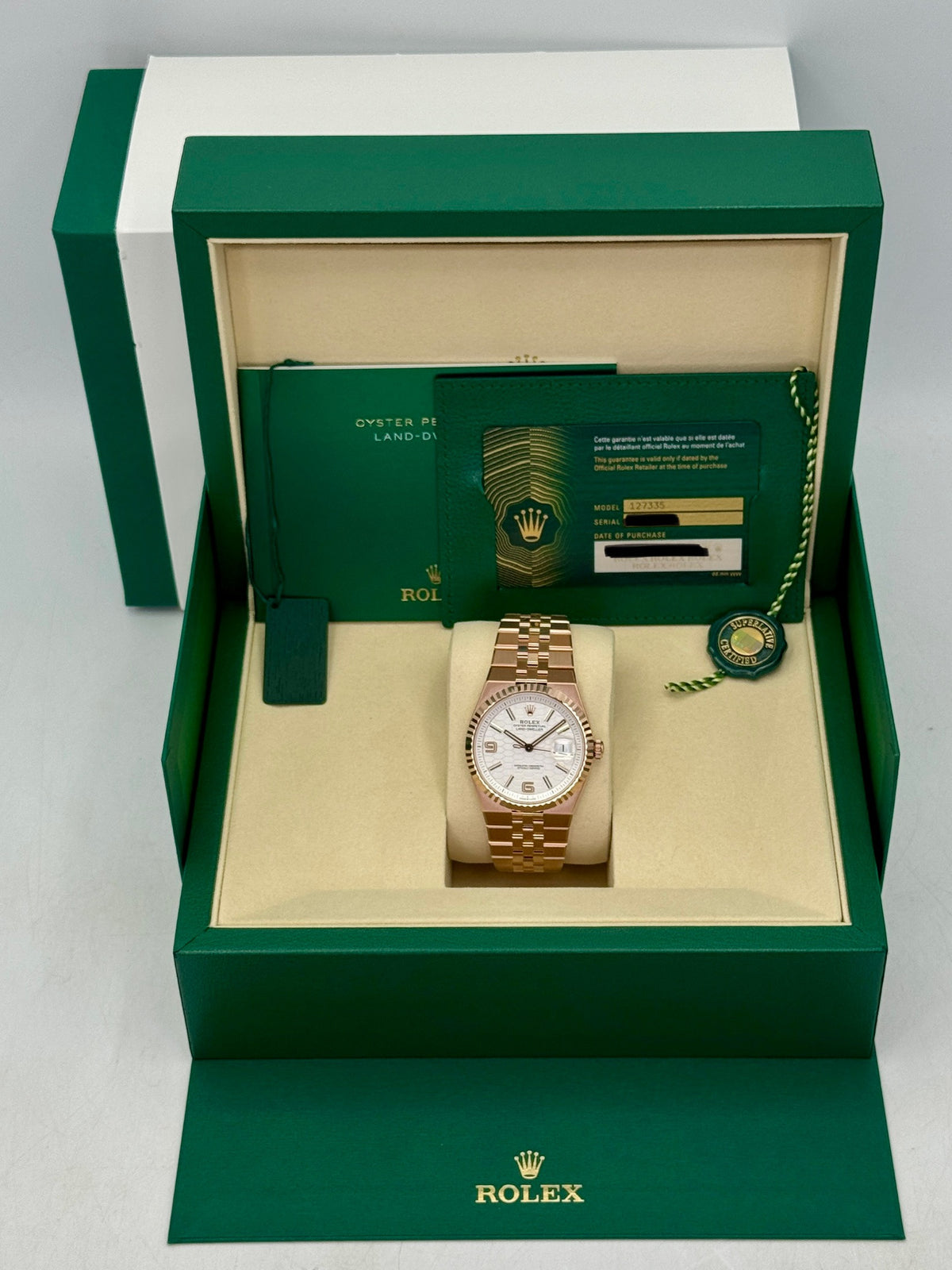 NEW 2026 Rolex Land-Dweller 40mm 127335 Rose Gold Flat Jubilee White Dial (NEW STYLE CARD)