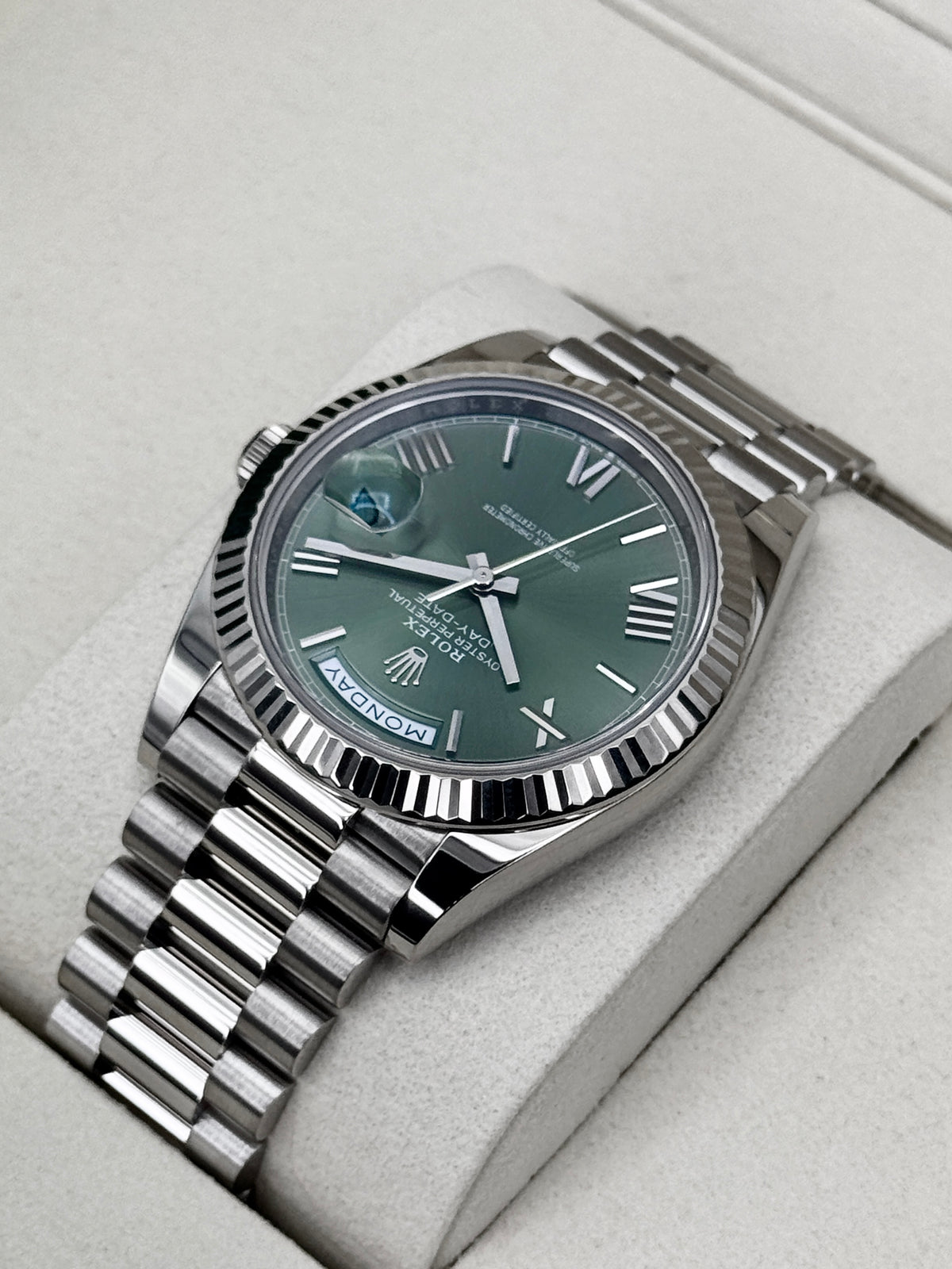 2025 Rolex Day-Date 40mm 228239 Presidential White Gold Olive Dial