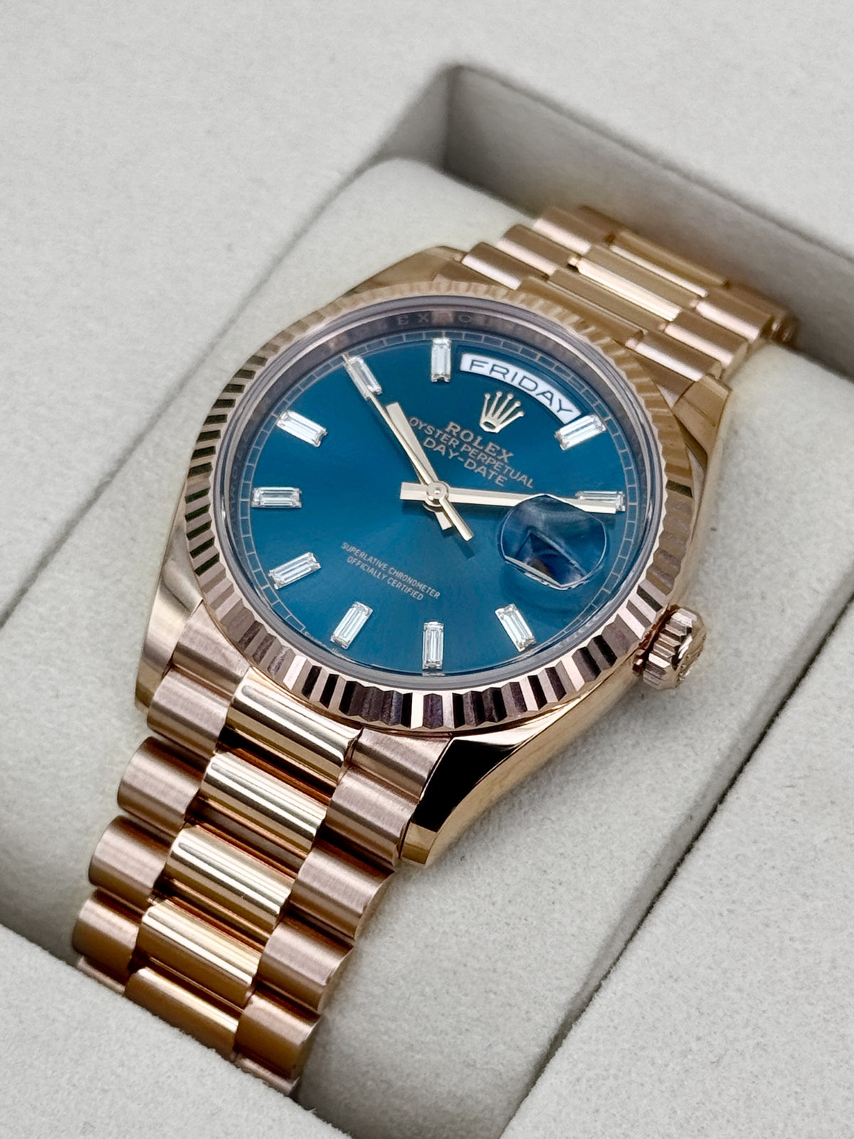 NEW 2026 Rolex Day-Date 36mm 128235 Presidential Rose Gold Blue Baguette Dial