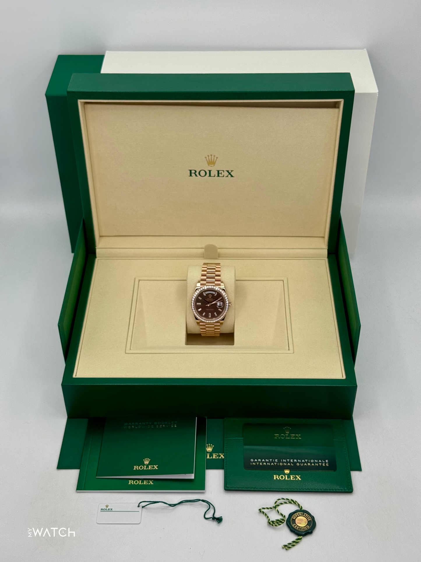 2025 Rolex Day-Date 40mm 228345RBR Rose Gold Chocolate Diamond Dial