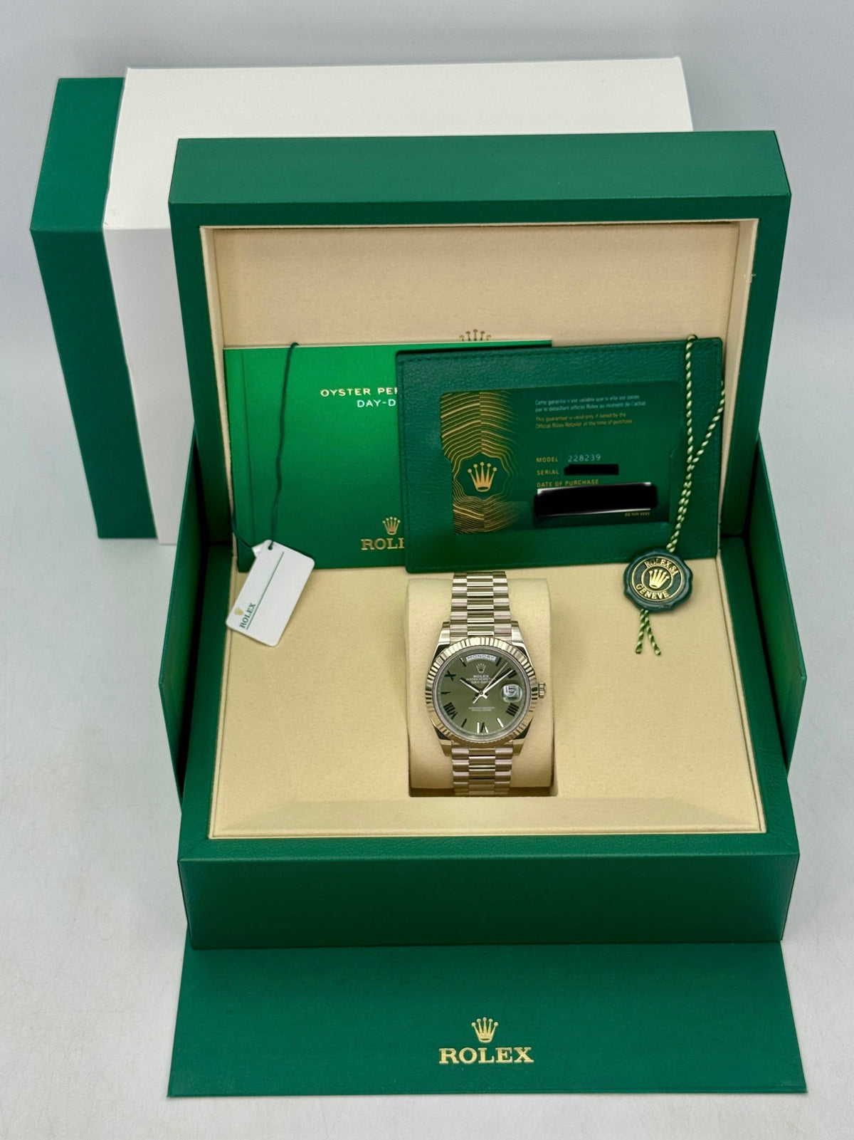 2025 Rolex Day-Date 40mm 228239 Presidential White Gold Olive Dial