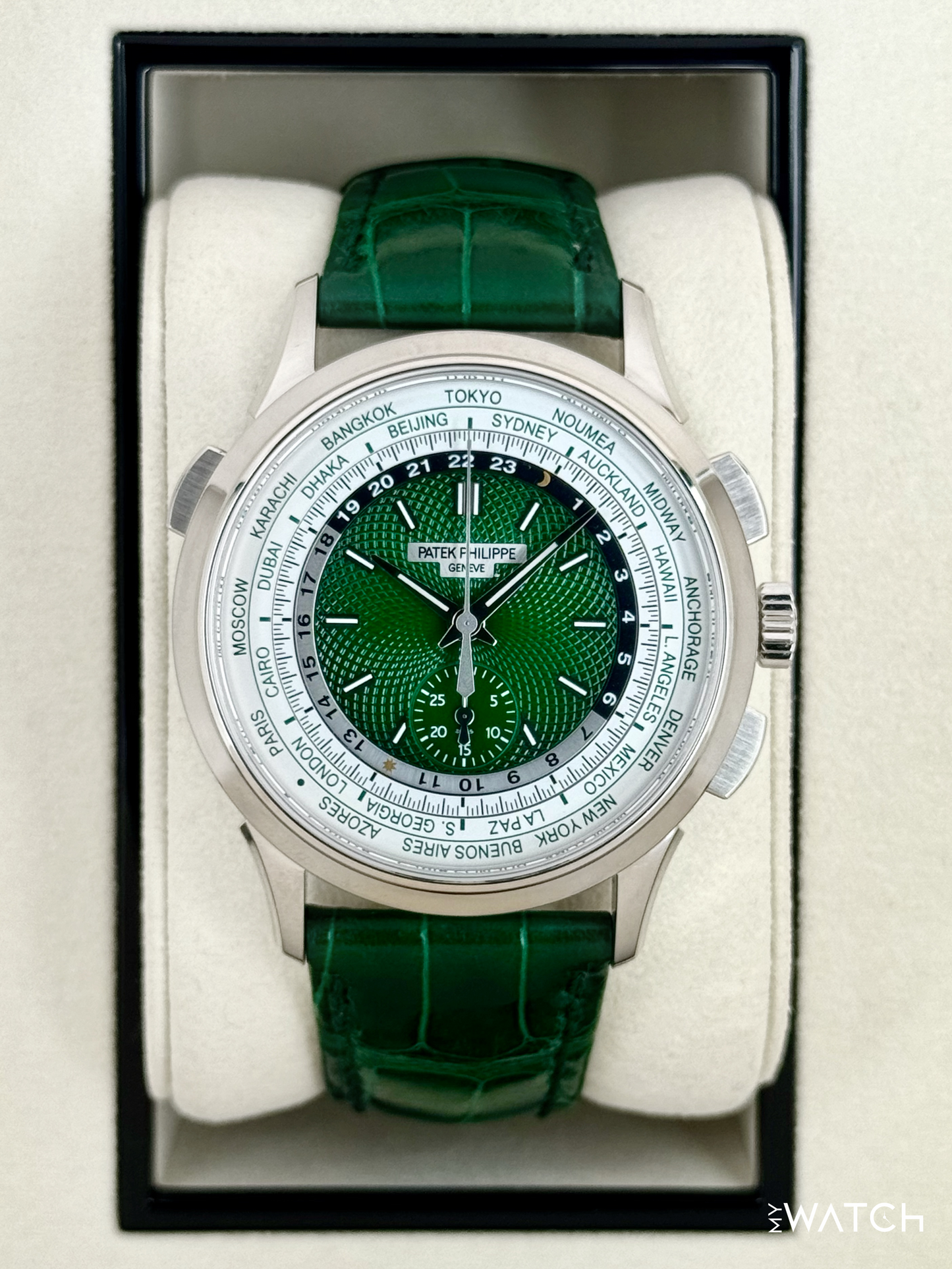2025 Patek Philippe 5930P World Time Flyback Chronograph Platinum Green Dial - MyWatchLLC