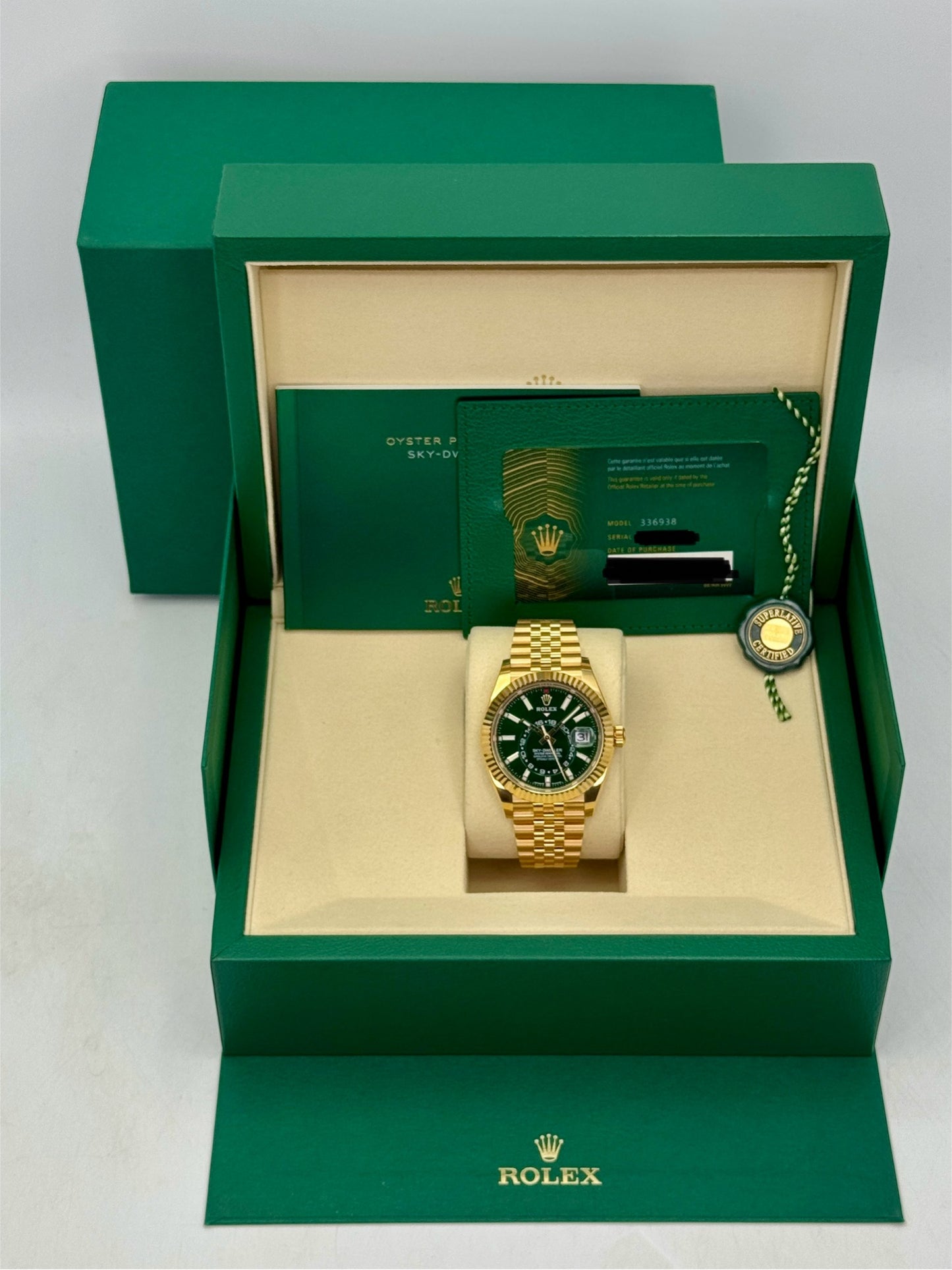 2025 Rolex Sky-Dweller 42mm 336938 Yellow Gold Jubilee Green Dial