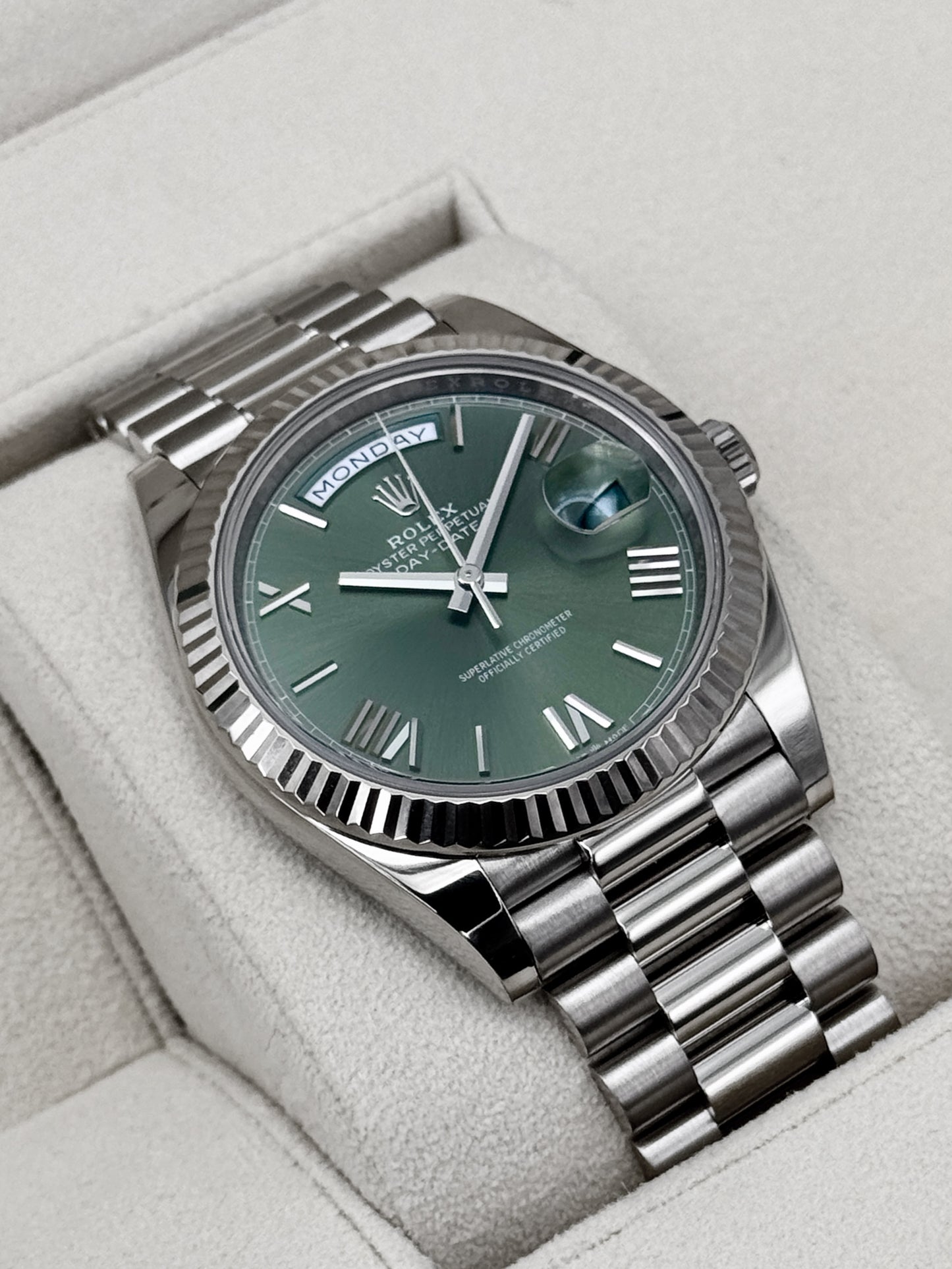 2025 Rolex Day-Date 40mm 228239 White Gold Olive Dial