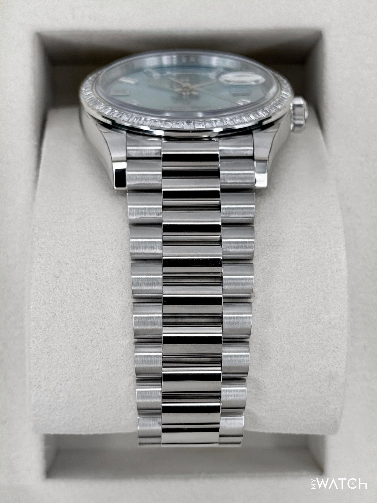 NEW 2025 Rolex Day-Date 36mm 128396TBR Ice Blue Diamond Baguette Dial