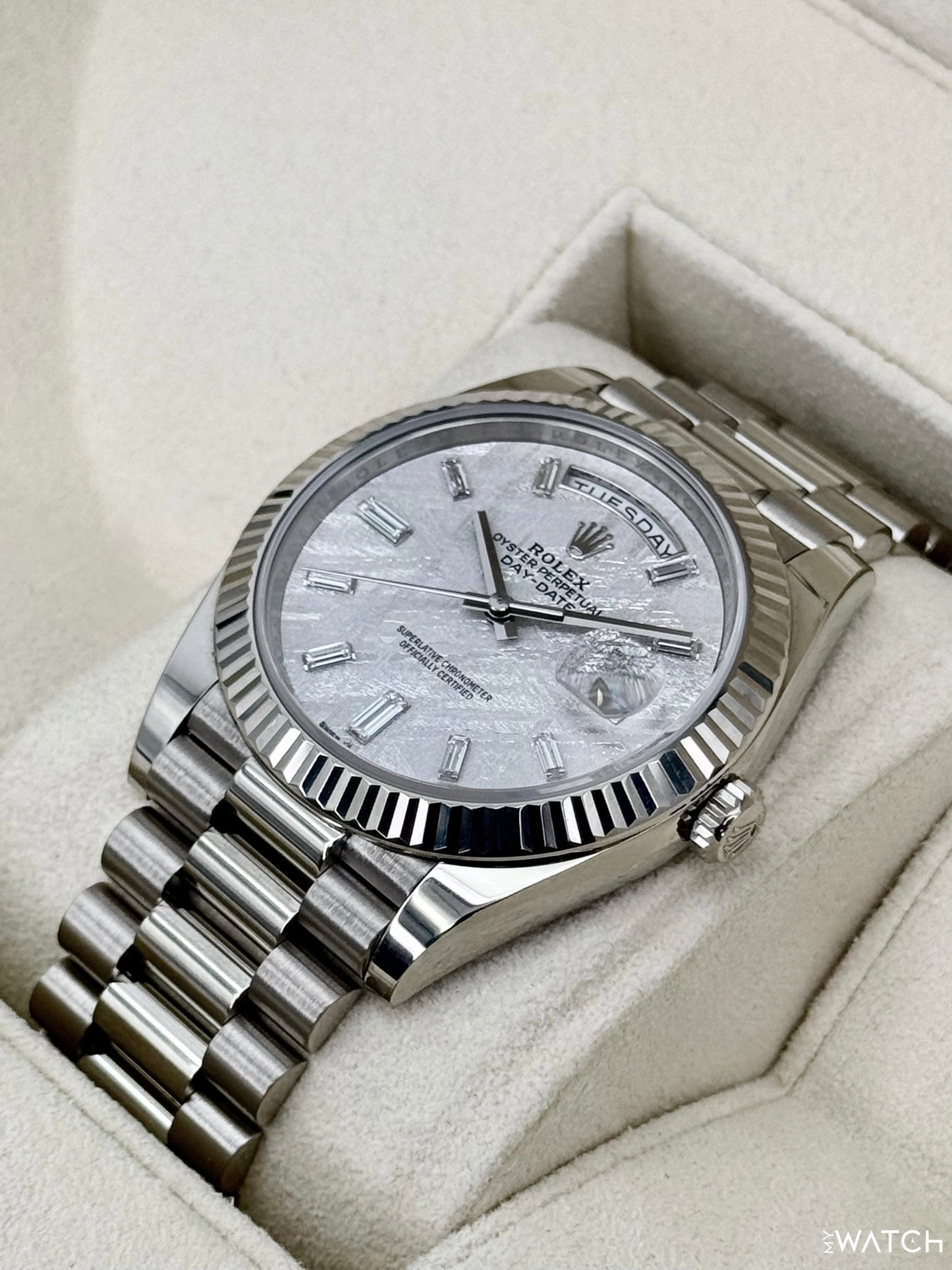 2025 Rolex Day-Date 40mm 228239 Presidential White Gold Meteorite Diamond Dial