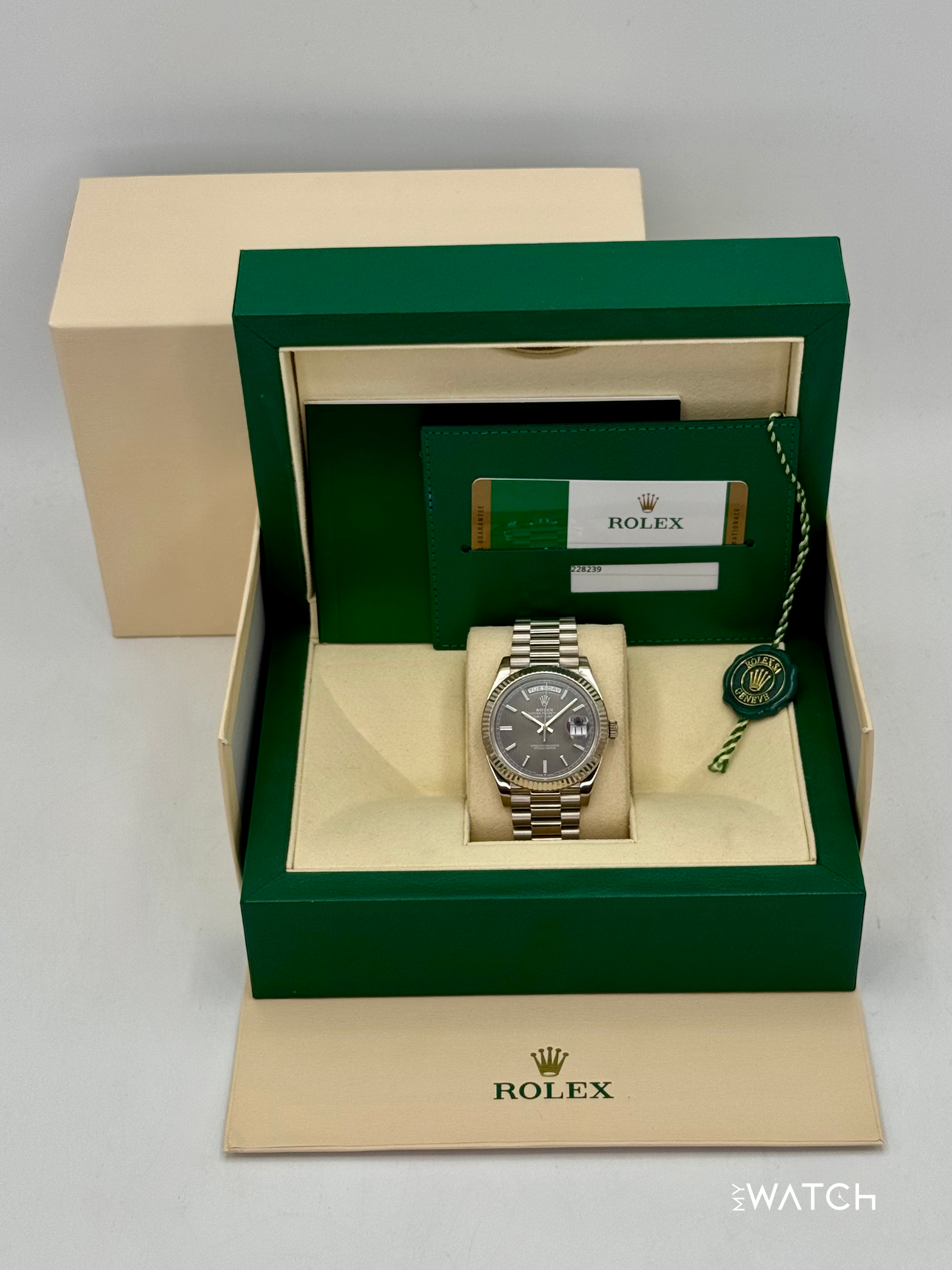 2020 Rolex Day-Date 40mm 228239 White Gold Rhodium Motif Dial - MyWatchLLC