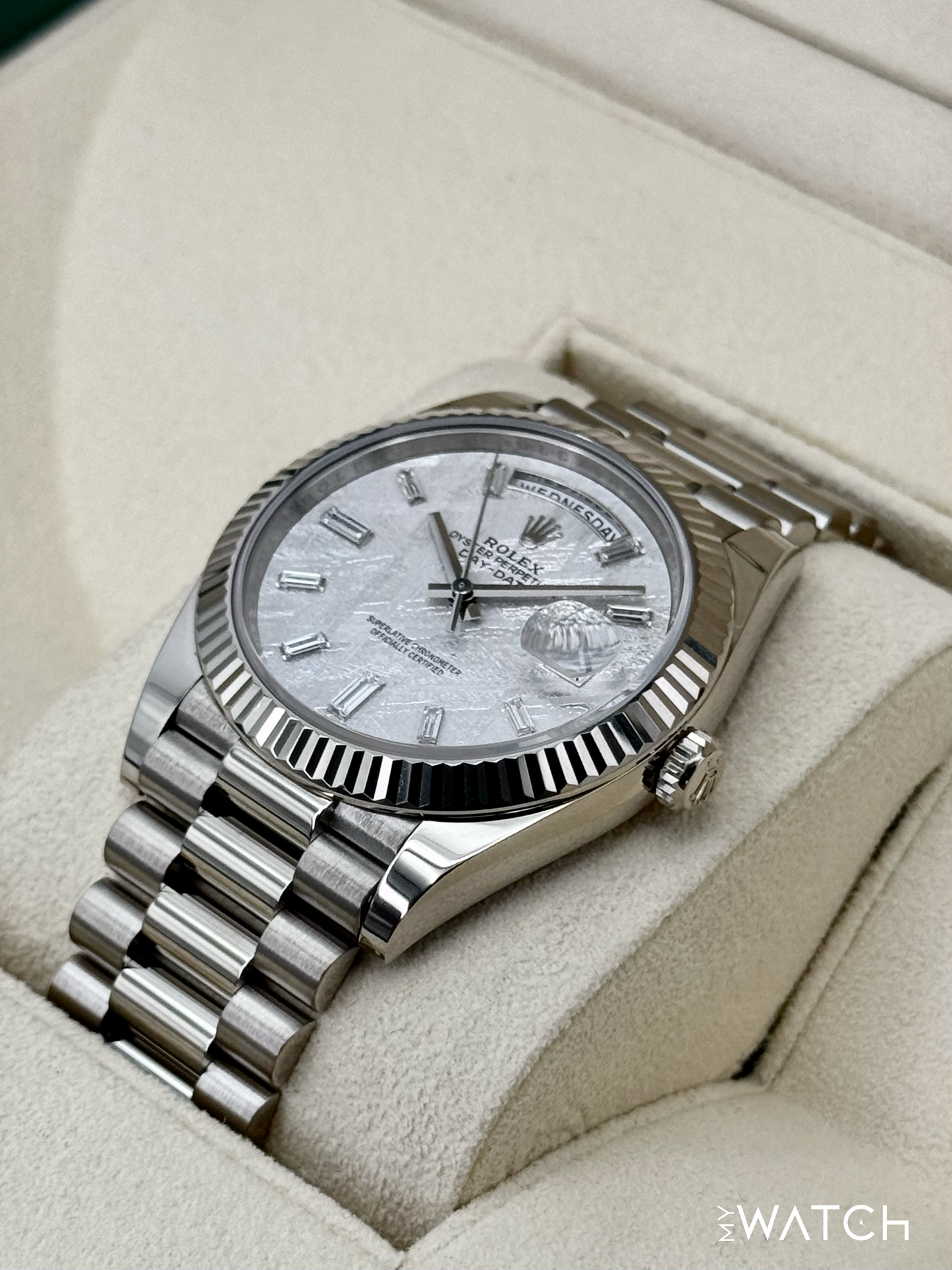2025 Rolex Day-Date 40mm 228239 Presidential White Gold Meteorite Dial