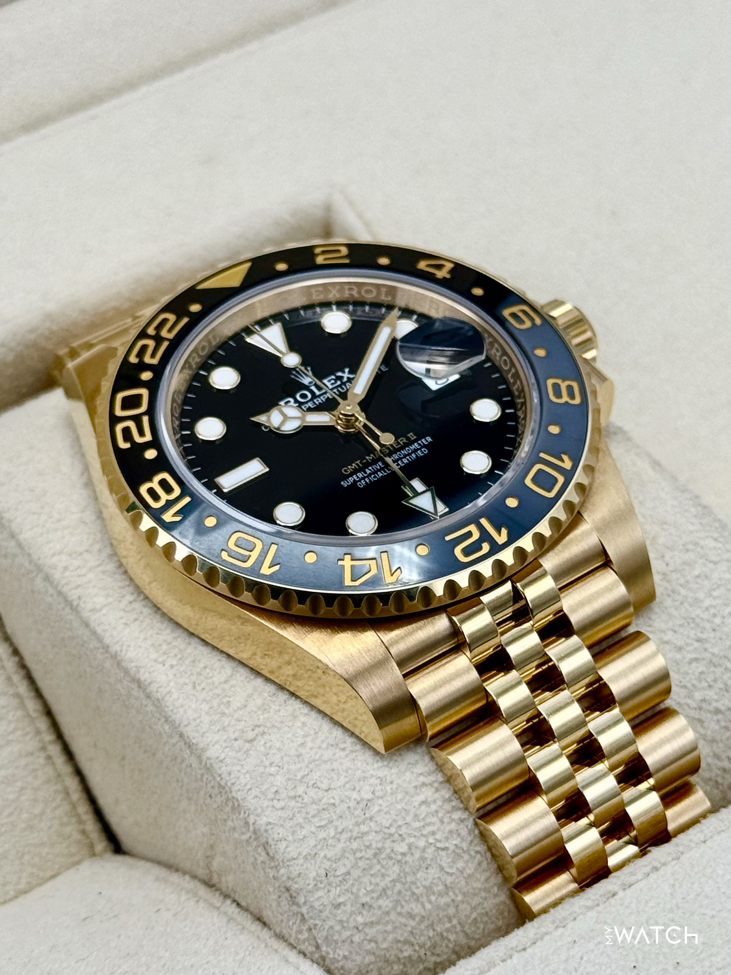 2023 Rolex GMT-Master II 40mm 126718GRNR Yellow Gold Jubilee Black Dial - MyWatchLLC