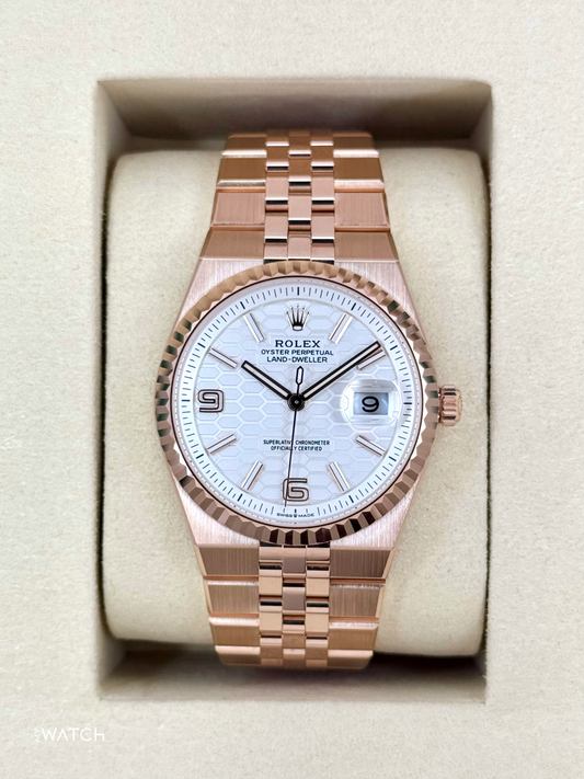 2025 Rolex Land-Dweller 36mm 127235 Rose Gold Flat Jubilee White Dial