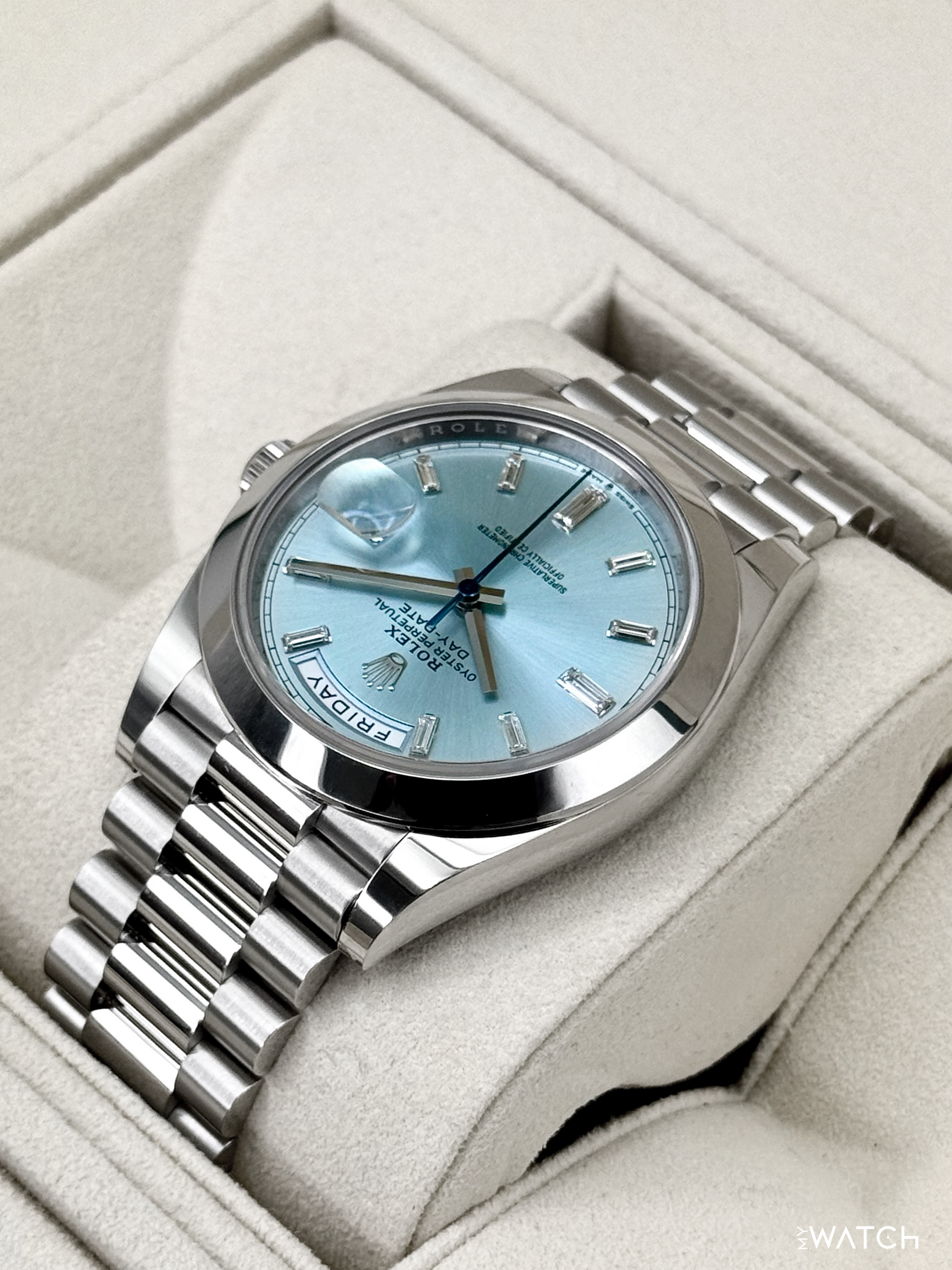 2021 Rolex Day-Date 40mm 228206 Platinum Ice Blue Diamond Dial - MyWatchLLC