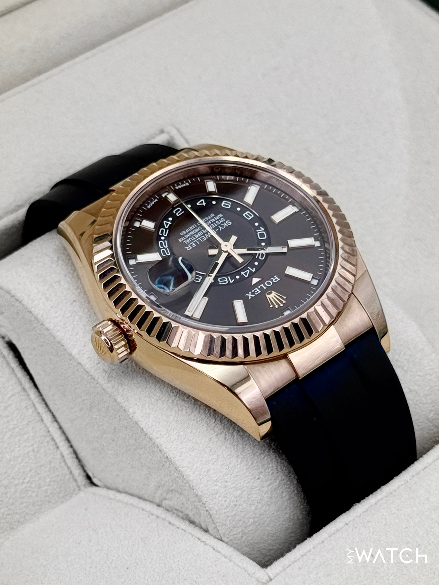 2025 CPO Rolex Sky-Dweller 42mm 326235 Rose Gold Oysterflex Chocolate Dial (CPO) - MyWatchLLC
