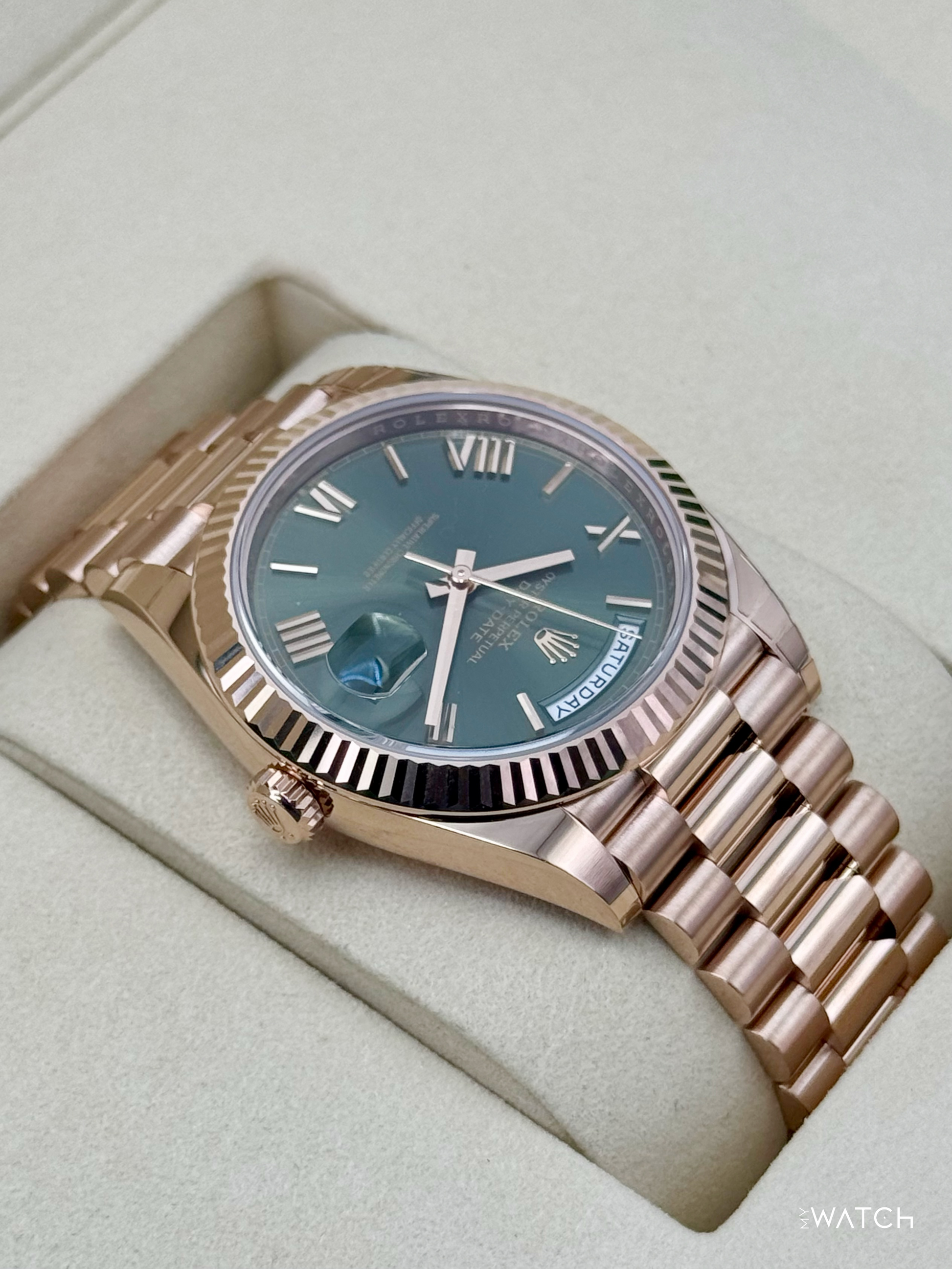 NEW 2025 Rolex Day-Date 40mm 228235 Presidential Rose Gold Olive Green Dial (STICKERED) - MyWatchLLC