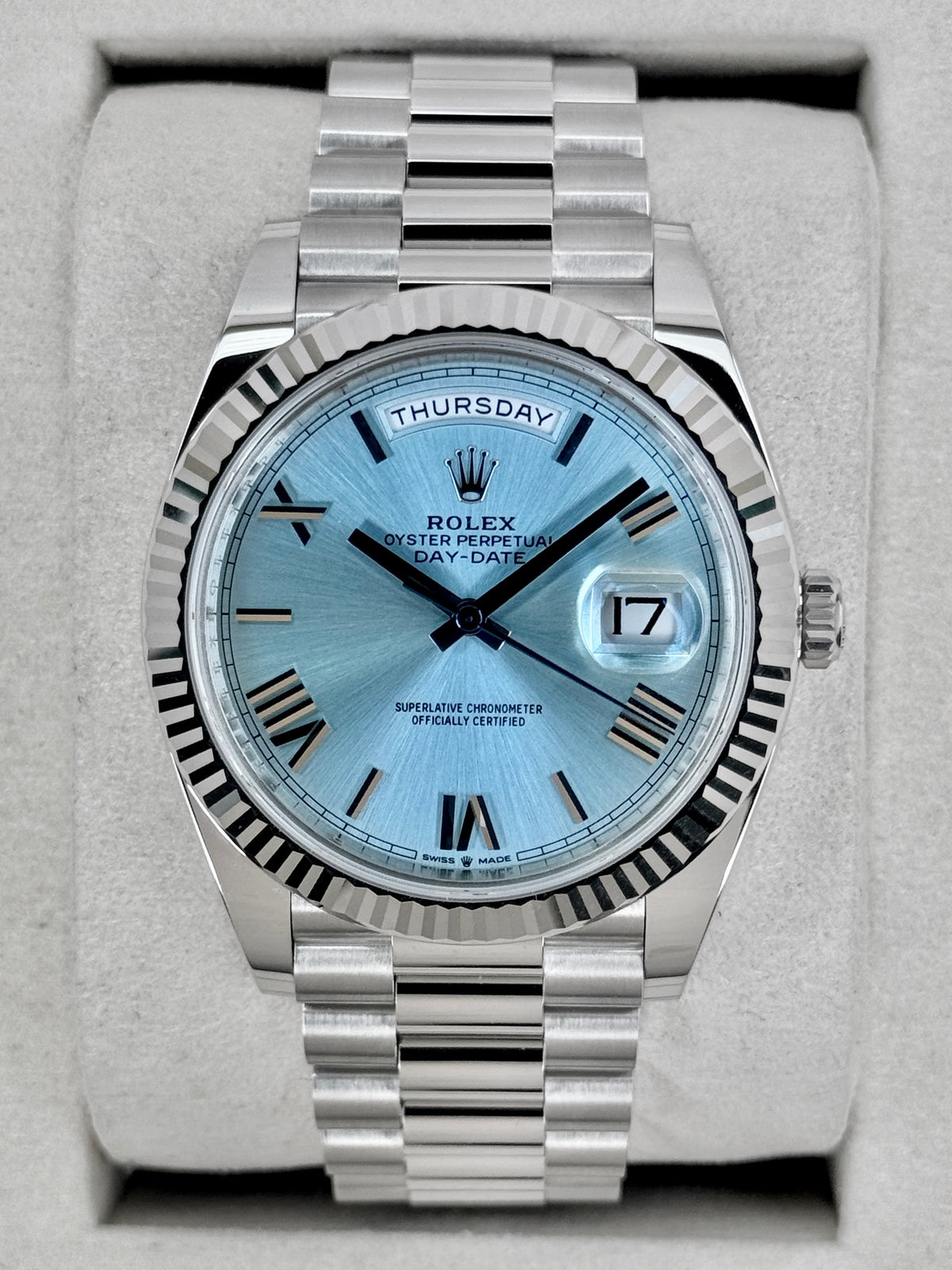 NEW 2026 Rolex Day-Date Platinum 40mm 228236 Ice Blue Roman Dial (NEW STYLE CARD)
