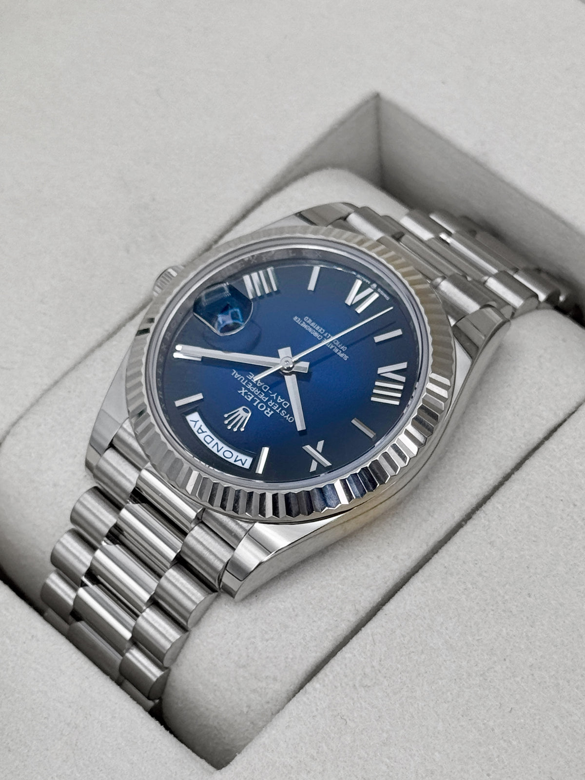 NEW 2026 Rolex Day-Date 40mm 228239 Presidential White Gold Blue Ombre Dial