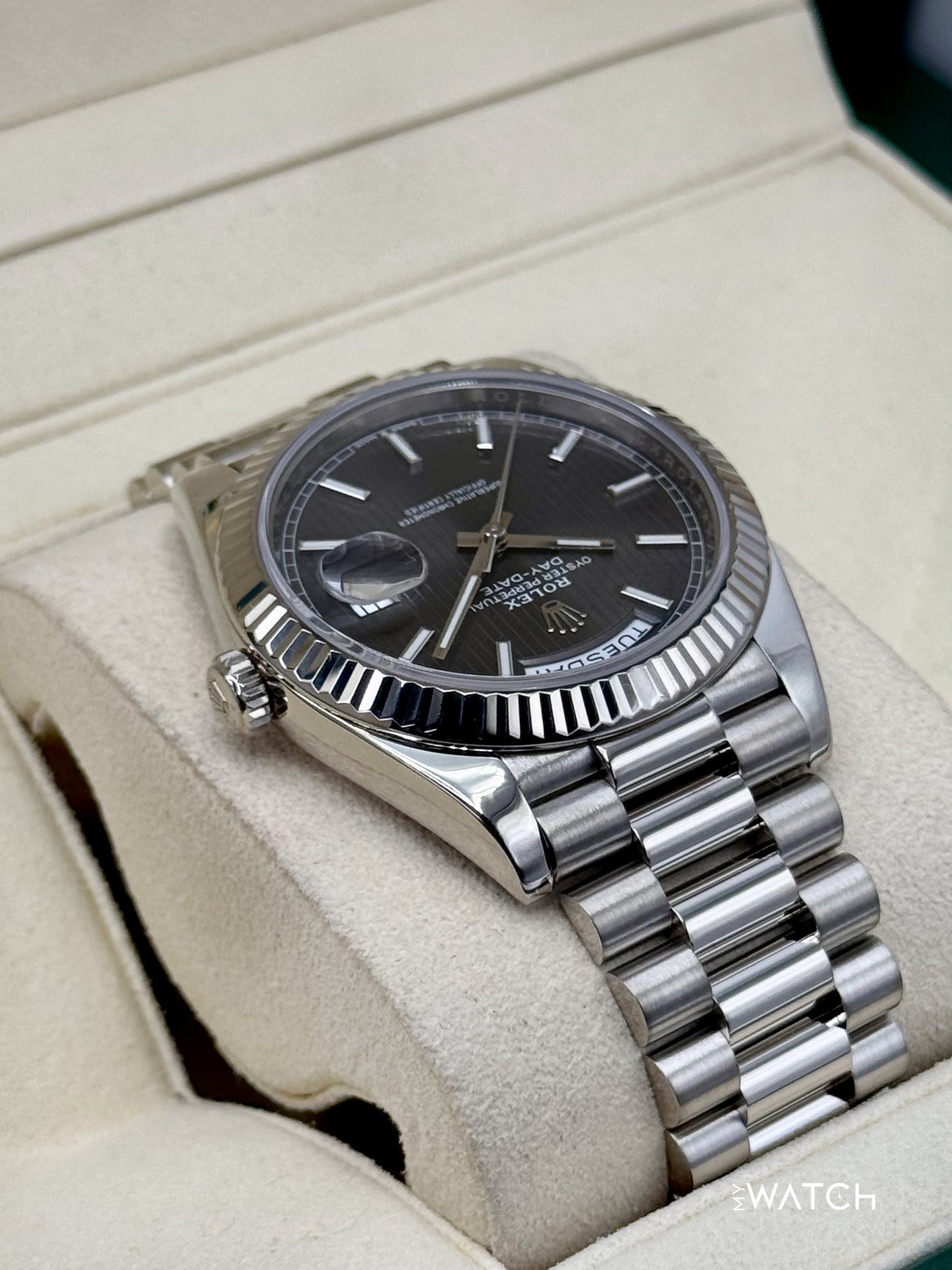 2020 Rolex Day-Date 40mm 228239 White Gold Rhodium Motif Dial - MyWatchLLC