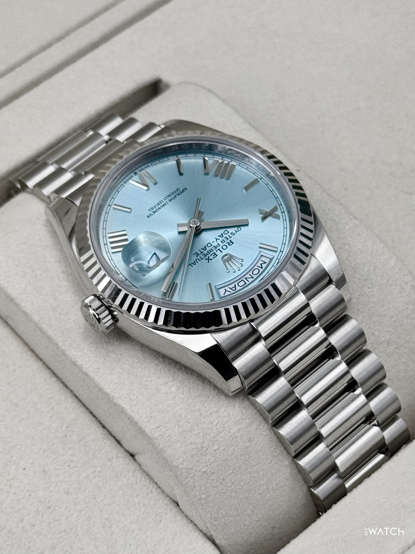 NEW 2026 Rolex Day-Date Platinum 36mm 128236 Ice Blue Roman Dial - MyWatchLLC