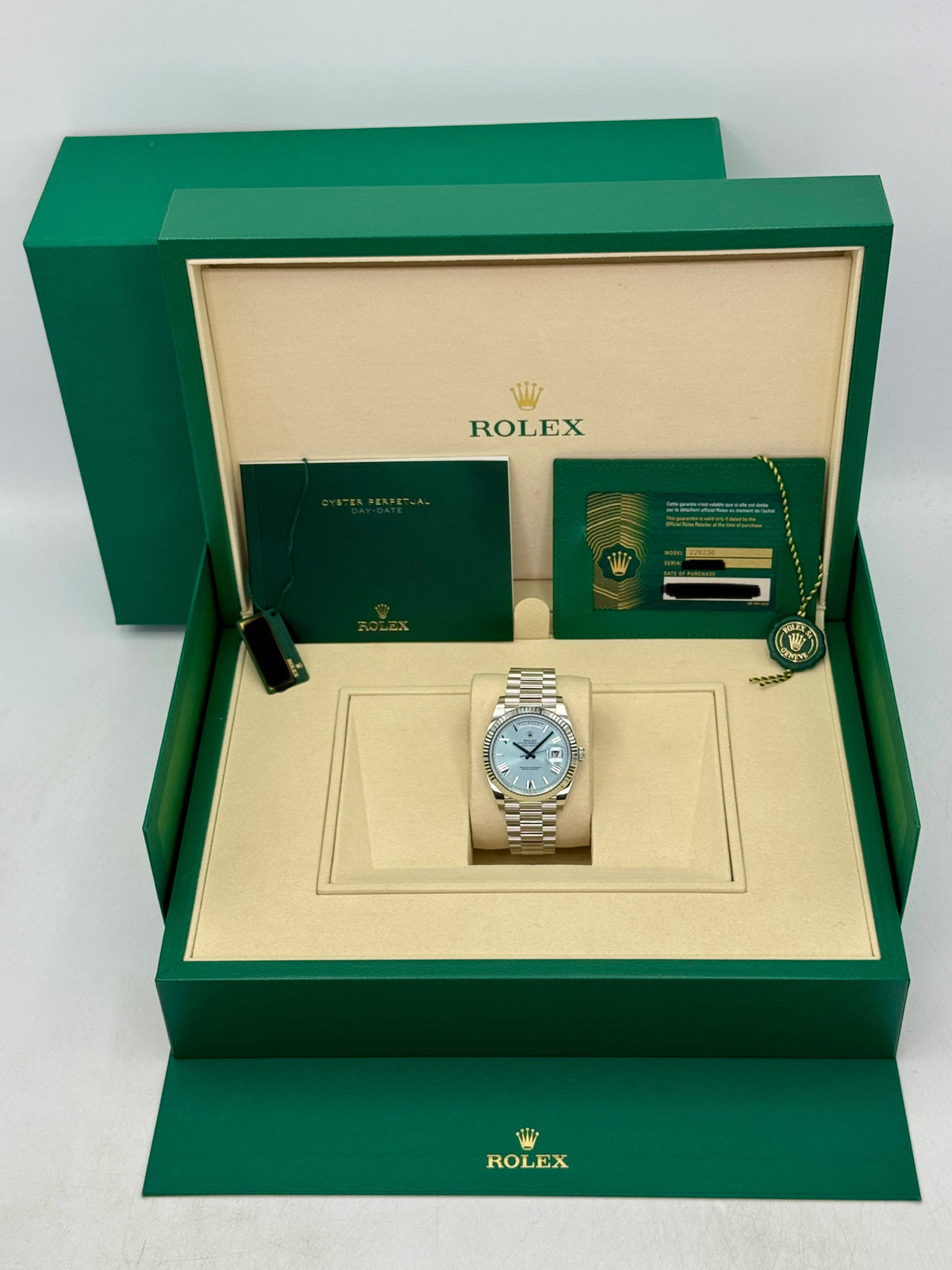 NEW 2026 Rolex Day-Date Platinum 40mm 228236 Ice Blue Roman Dial (NEW STYLE CARD)