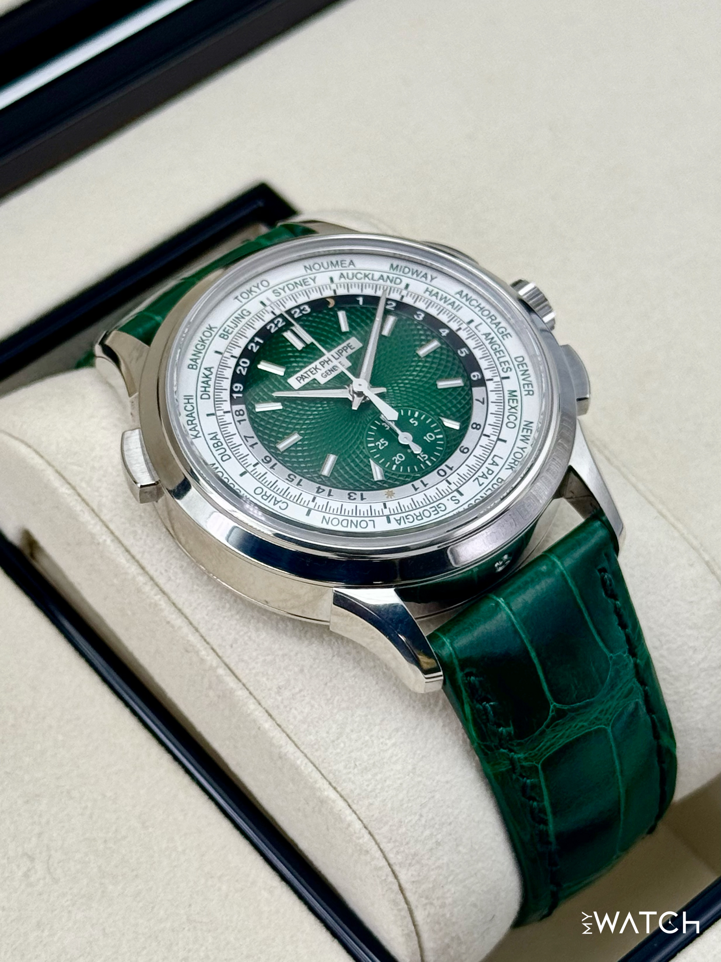 2025 Patek Philippe 5930P World Time Flyback Chronograph Platinum Green Dial - MyWatchLLC